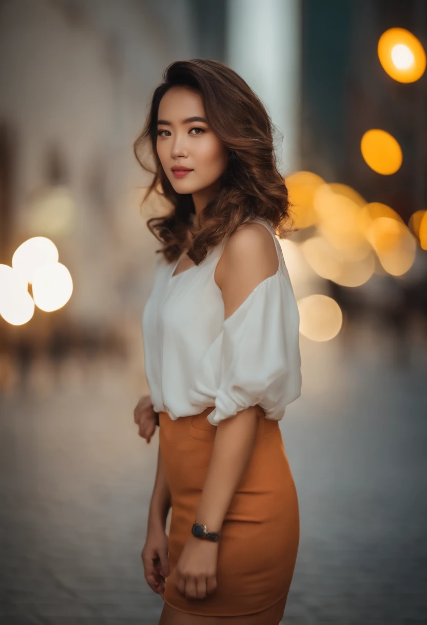 Corte de bob enrolado, mulher de cabelo platinado na camisa de colarinho laranja posando para tirar foto na cidade, 8K Artgerm Bokeh, corpo bem proporcionado, Mulher coreana bonita, lindo colar, mulher coreana jovem bonita, foto retrato suave 8 k, coreana, olhos duplos e estreitos, Olhos cinzentos bonitos, Los Tran 8 K, mulher jovem bonito, Mulher coreana, menina bonita
