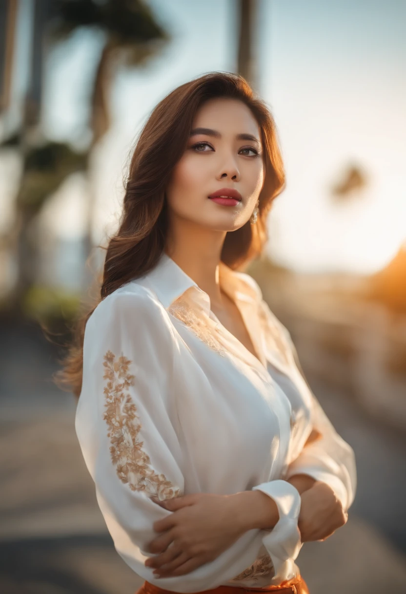 Corte de bob enrolado, mulher de cabelo platinado na camisa de colarinho laranja posando para tirar foto na cidade, 8K Artgerm Bokeh, corpo bem proporcionado, Mulher coreana bonita, lindo colar, mulher coreana jovem bonita, foto retrato suave 8 k, coreana, olhos duplos e estreitos, Olhos cinzentos bonitos, Los Tran 8 K, mulher jovem bonito, Mulher coreana, menina bonita