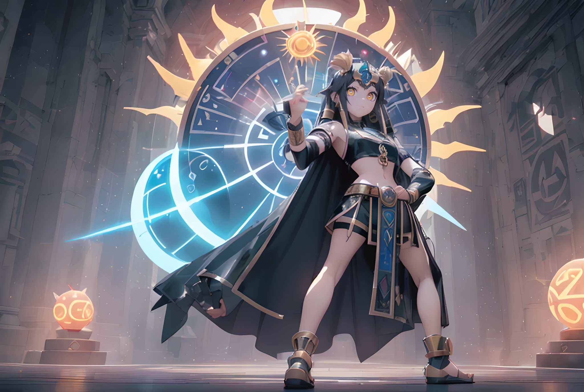 (Dynamic Angle:1.4), ((Full body posing:1.5), (Colorful:1.2), (Highly detailed CG Unity 16K wallpaper:1.1), (Denoising strength: 1.45), (tmasterpiece:1.37), ((Official art)), of the highest quality, (Realistic), Male child, (Short-cut hair:1.2),(Costume of Sun God Ra:1.5),Golden hair,Glowing eyes,(yellow  eyes:1.2),((Poses in motion:1.4)),((Costume of Sun God Ra:1.3)),wires, (LED:1.3), (a hologram:1.2),(The sun overhead:1.3), futuristic city street,  highrise buildings, (Night:1.2), (Rainbow Model:1.2), 8K resolution, (Anime style:1.3), Cinematic lighting, chromatic abberation, spark of light, Ray tracing, blending, ultra wide-angle,  Hasselblad, (masutepiece), (masutepiece), ((Best Quality)), ((masutepiece)), nffsw