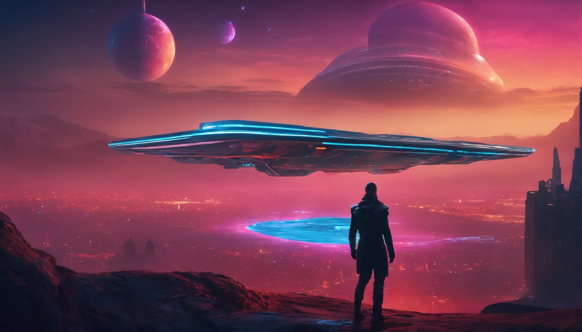 "Immerse yourself in a cyberpunk-inspired environment, A neon-lit world, Be captivated by the surreal sight of a ringed planet dominating the sky, Full of fascinating digital art."