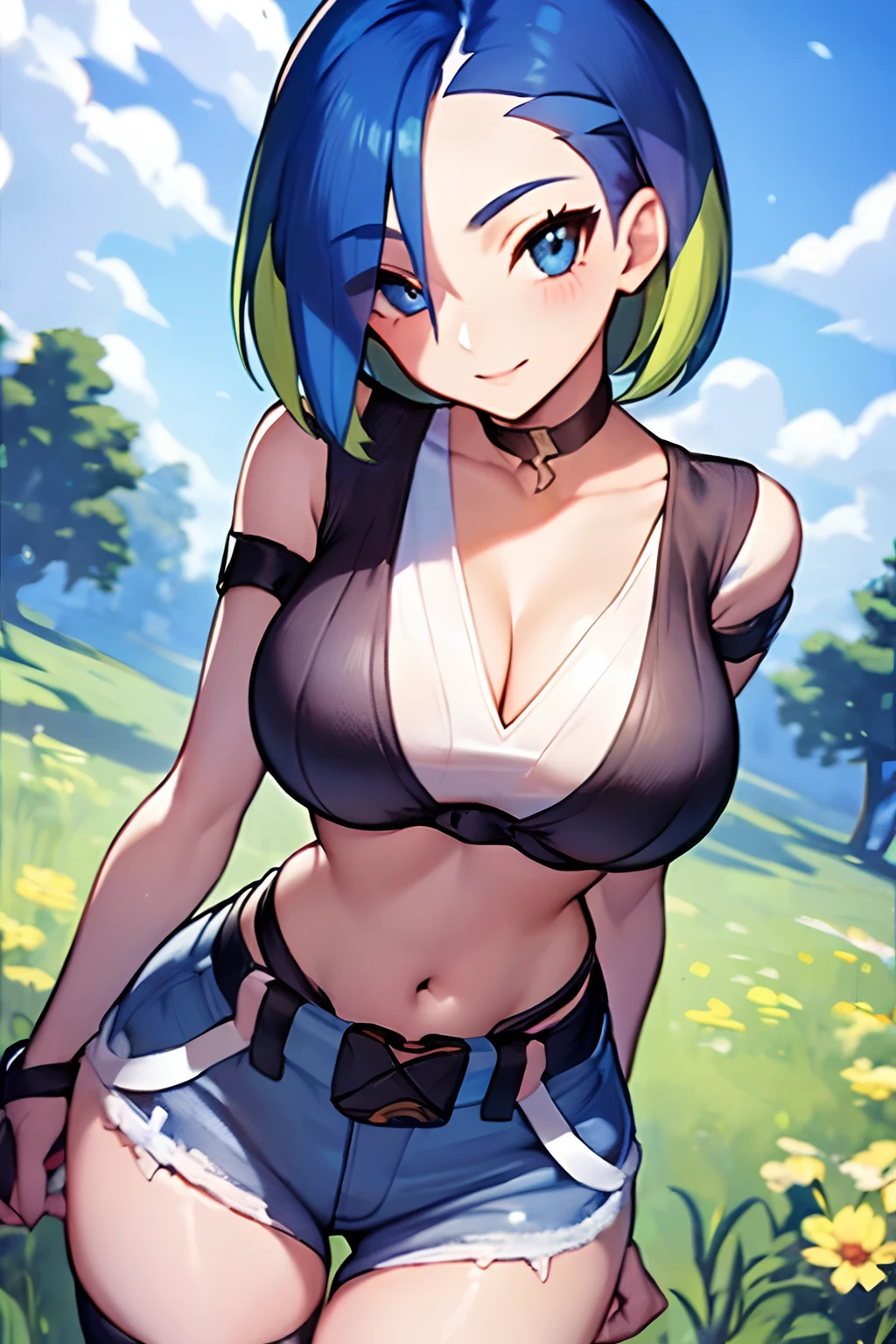 ((1girl)), perfect face, adult woman, realistic photo, beautiful face, perfect face, masterpiece, ((perrin pokemon)), blue eyes, blue hair, bob cut, multicoloured hair, (background: blue sky), (cowboy shot), slim waist, cleavage, low shorts, croptop, large breasts, multiple tops