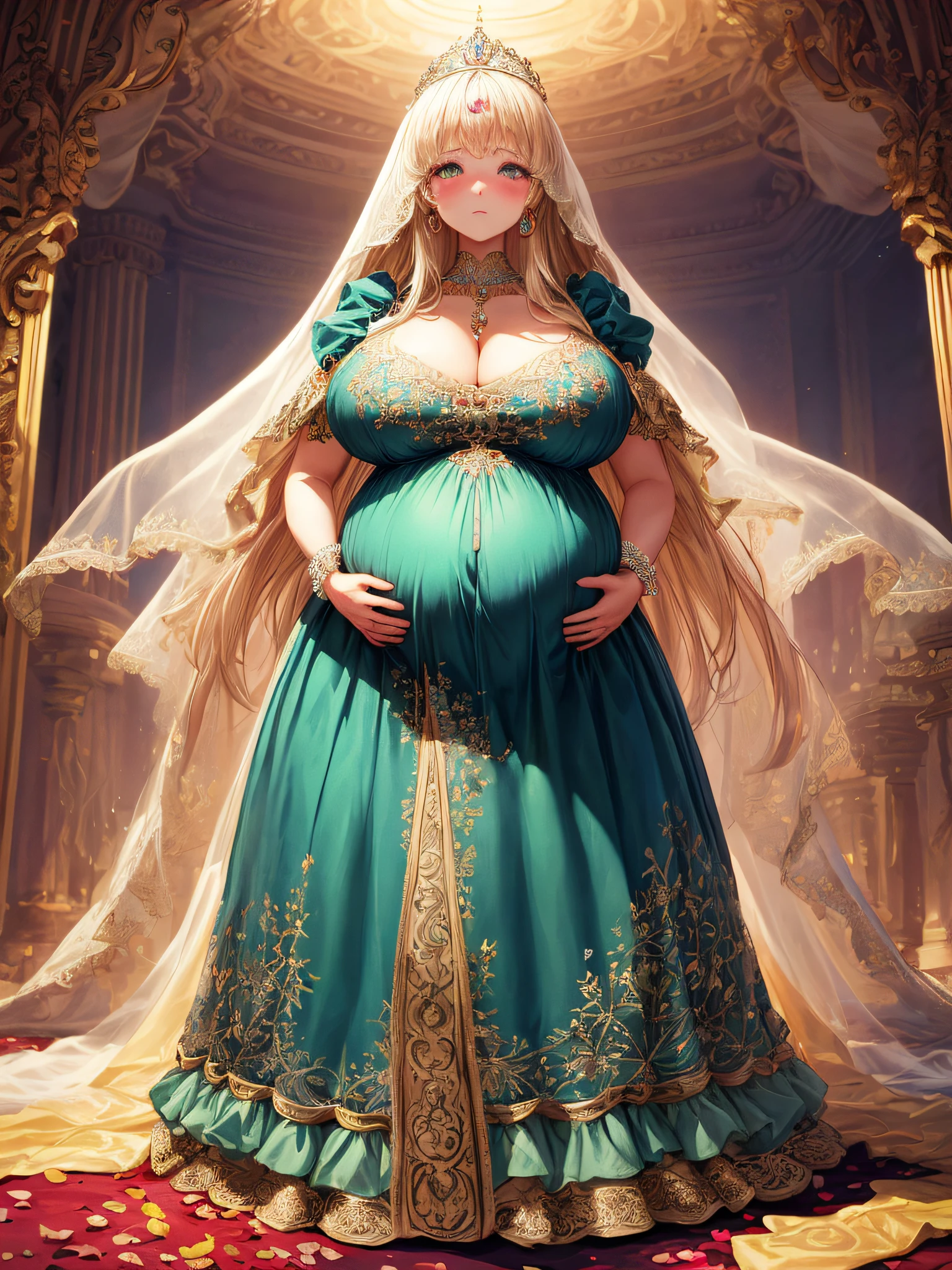 (masterpiece, best quality,extremely detailed:1.1),(moe anime art style:1.2),1girl,((full body,focus face)),((solo)), cute, kawaii,digital art,((1 bling-bling pregnant princess wearing beautiful embroidery and jeweled gorgeous rococo ballgown with jeweled voluminous full length hoop skirt)),(((heavily pregnant))),very big pregnant belly,((crinoline)),long train,voluminous frills,See-through,(gorgeous embroidery and beautiful lace),((very gigantic boobs,skindentation)),cleavage,shiny hair,(((very long straight hair,large amount of straight hair))),((embarrassed)),anguish,((finely detailed face and eyes)),clear pupil,extremely gorgeousfull hair ornament,(bling-bling jeweled extremely gorgeousfull tiara),(bling-bling gorgeous gemstone jewelry),long veil,beautiful background,fantasy background,flowers,flower petals flowing,full body,((beautiful embroidery and jeweled ruffled gorgeous rococo ballgown with voluminous full length hoop skirt))