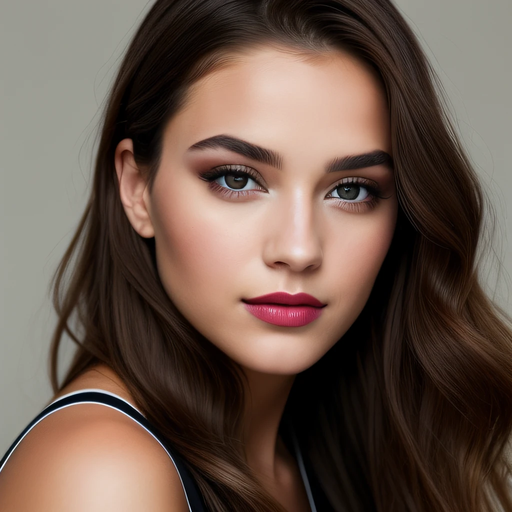 This portrait depicts a young woman with, superimposed brown hairs. She wears a light-colored top and has her lips painted in a glossy pink lipstick....... His eyes are framed by dark eyeliner and mascara, while his eyebrows have been cared for to perfection. The woman looks directly at the camera with an intense gaze, prise de photo frontal. Son cou et sa gorge sont visibles sur la photo, adding to the overall effect of this stunning portrait. The background of the image is white, allowing all attention to be focused on the subject of this photograph - the beautiful young woman who looks confident and poised despite the fact that she was captured on film. This photo could easily be used for fashion or beauty magazines because of its high-quality composition and lighting that perfectly highlights every detail of her face...........