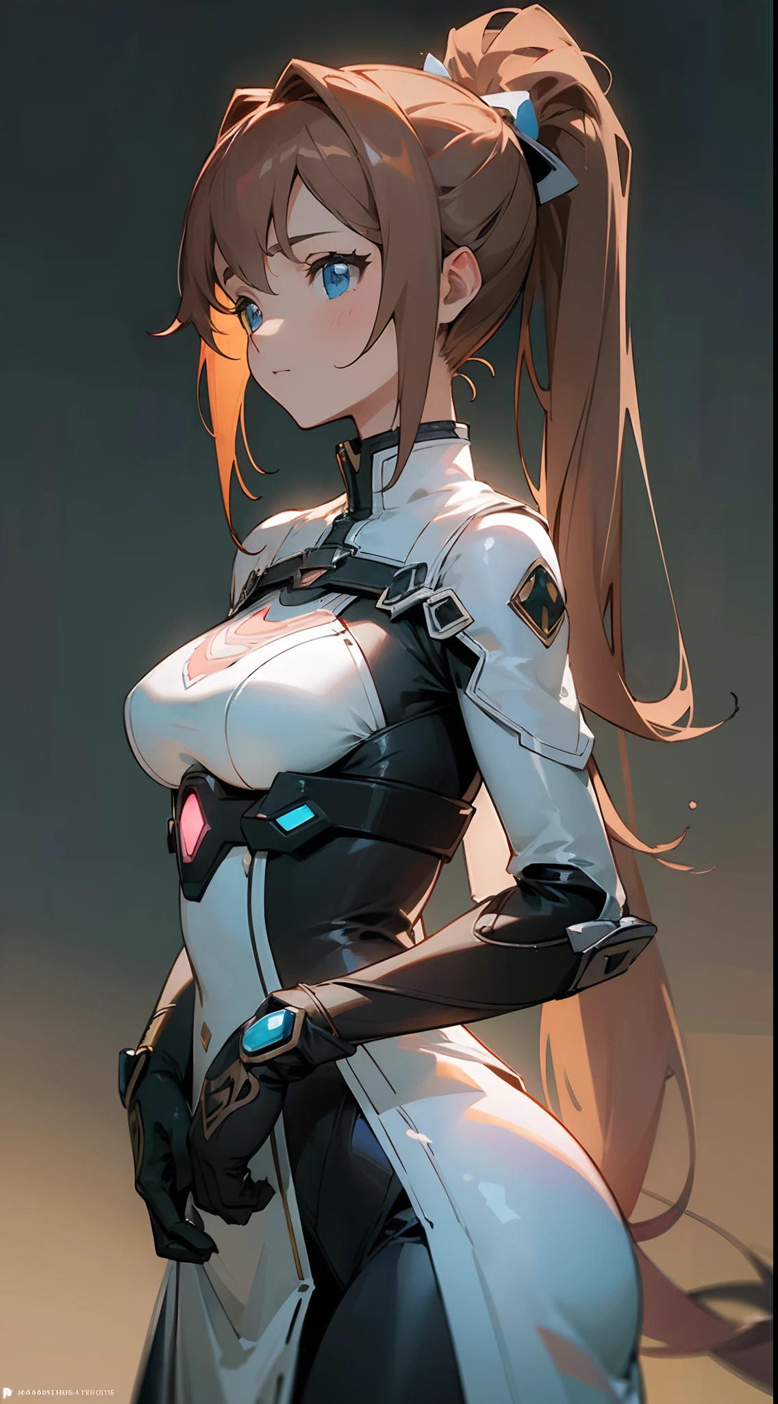 (masterpiece, best quality )detailed, 1Character , pastel washed out colors , cell shade , soft, muted shades ,gentle colors , blue archive art style
Wearing a mix of sword art online and futuristic style clothes ,
A stunning woman , extremely long hair , reddish brown hair , hair in pig tails , straight hair , baby blue eyes , large chest , ((wearing a tight dress)), age 34 ,