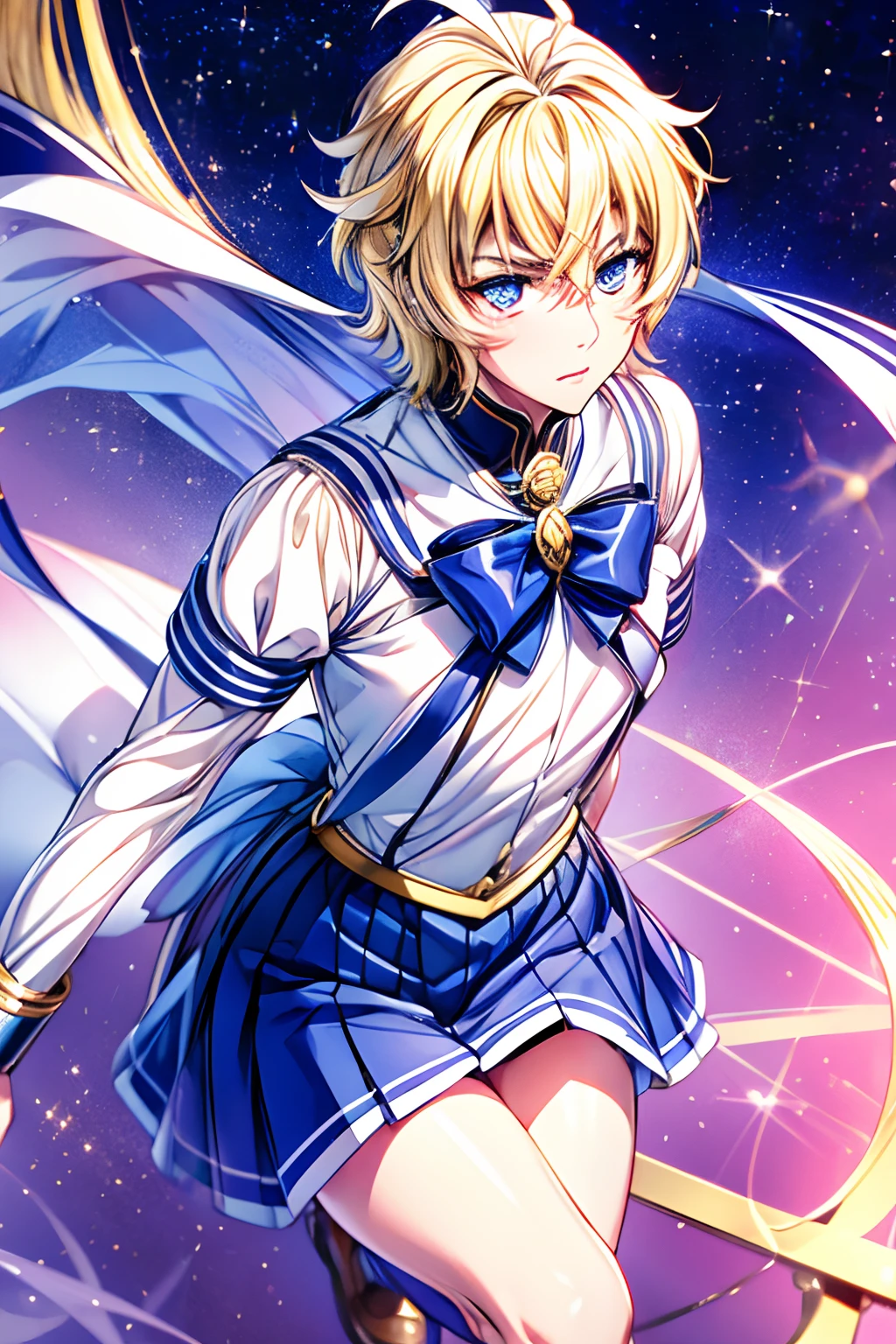 "(Best Quality,4k,8K,hight resolution,Masterpiece:1.2),(Masterpiece), Best Quality, expressive eyes, a perfect face, male, 1boy,solo, sailor moon dress, blue skirt, tiara with a heart in the middle, blusher, seifuku, Michaela, Mikaela Hyakuya, Michaela's outfit, blonde, blue eyes, Short hair, blusher