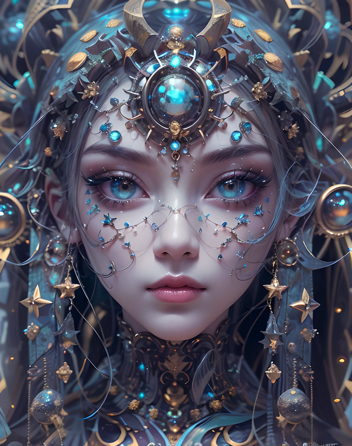(best qualtiy,ultra - detailed,Most Best Illustration,Best shadow,tmasterpiece,A high resolution,professionalartwork,famousartwork),Eyes focus, extreme eyes details , Star sparkle particle around, Detailed eyes,beautidful eyes,closeup cleavage,sci-fy,colored sclera,Robot eyes,face markings,Tattooed with,(fractalized,Fractal eyes),largeeyes,Wide eyes,(Eye focus),sface focus,Cosmic eyes,Space eyes,Close-up of metal sculpture of a woman with a moon in her hair,goddes。extremly high detail,3 d goddess portrait,Extremely detailed footage of the goddess,a stunning portrait of a goddess,Side image of the goddess,portrait of a beautiful goddess,Full body close-up portrait of the goddess,hecate goddess,portrait of a norse moon goddess,goddess of space and time, sea art 2.1, goddess sea art 2.1, texture masterpiece, super detail, asian skin tone color, metal hecate, masterpiece