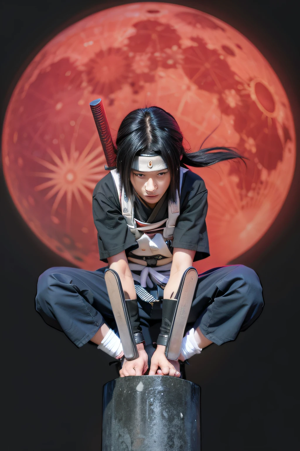 a close up of a handsome japanese man sitting on a pole with serious expression on his face with a red moon in the background at night, itachi uchiha, itatchi uchiha, itachi, sasuke uchiha, from naruto, madara uchiha, akatsuki akira, shinobi, pain from naruto, akiyuki shinbou, wielding kunai, ryuu, inspired by Kanō Hōgai, ultra realistic, high quality, simplistic moon, highly detailed to reference, wearing a metalic head band