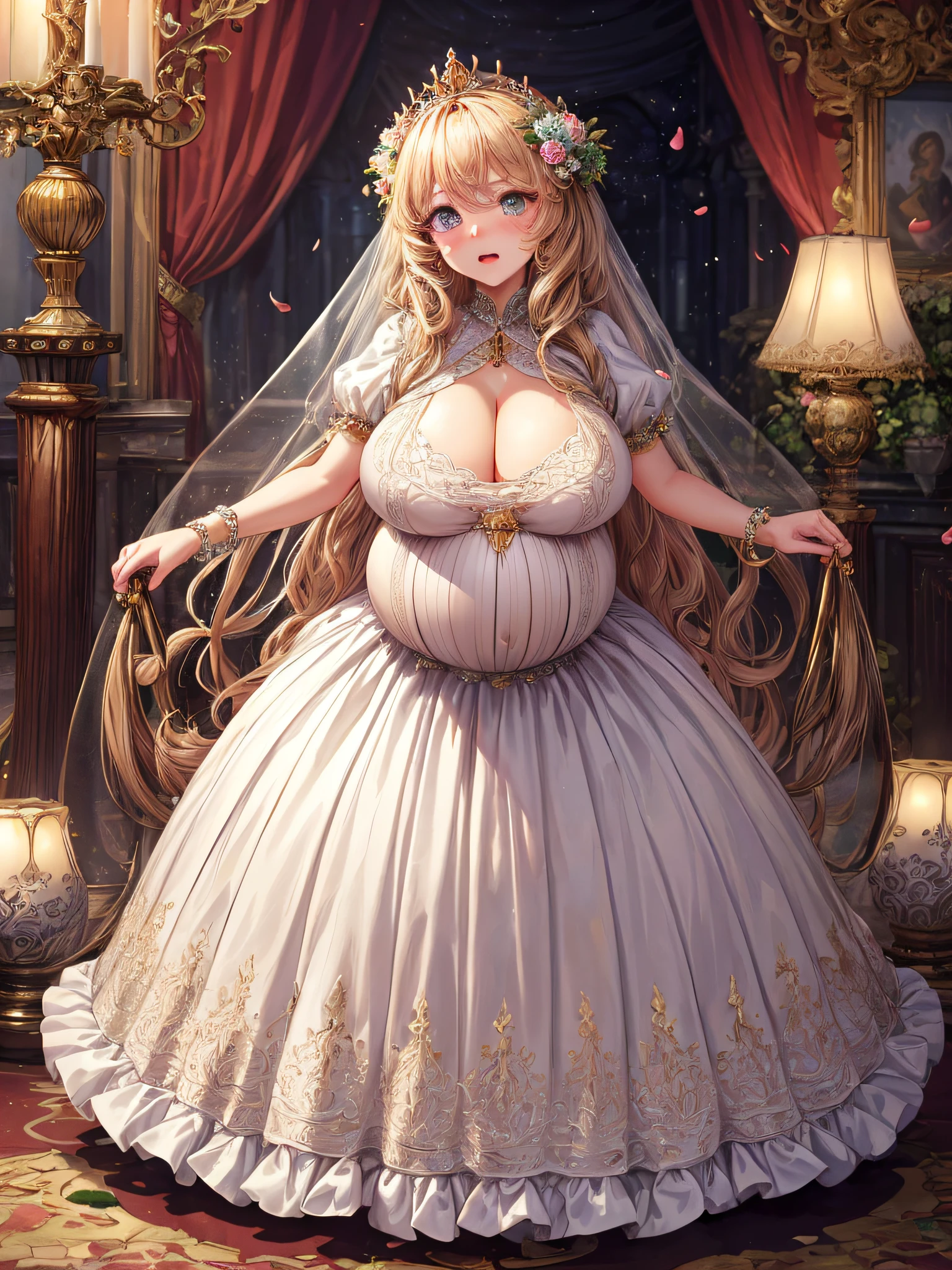 (masterpiece, best quality,extremely detailed:1.1),(moe anime art style:1.2),1girl,((full body,focus face)),((solo)), cute, kawaii,digital art,((1 bling-bling pregnant princess wearing beautiful embroidery and jeweled gorgeous rococo ballgown with jeweled voluminous full length hoop skirt)),(((heavily pregnant))),very big pregnant belly,((crinoline)),long train,voluminous frills,See-through,(gorgeous embroidery and beautiful lace),((very gigantic boobs,skindentation)),cleavage,shiny hair,(((very long straight hair,large amount of straight hair))),((embarrassed)),anguish,((finely detailed face and eyes)),clear pupil,extremely gorgeousfull hair ornament,(bling-bling jeweled extremely gorgeousfull tiara),(bling-bling gorgeous gemstone jewelry),long veil,beautiful background,fantasy background,flowers,flower petals flowing,full body,((beautiful embroidery and jeweled ruffled gorgeous rococo ballgown with voluminous full length hoop skirt))