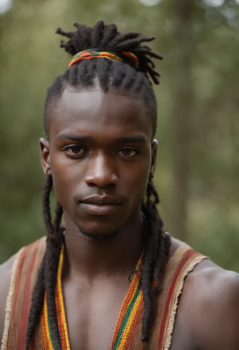 ((a deep black wound crosses his left cheek))) dark complexion, man around 15 years old, natural dreadlocks hair, distinctive blue eyes, wearing kente, tall, built and muscular, ravishing and handsome, burning wood in a royal setting, ultra sharp focus, realistic shot, royal male clothes, tetradic colors (scar:1.4)