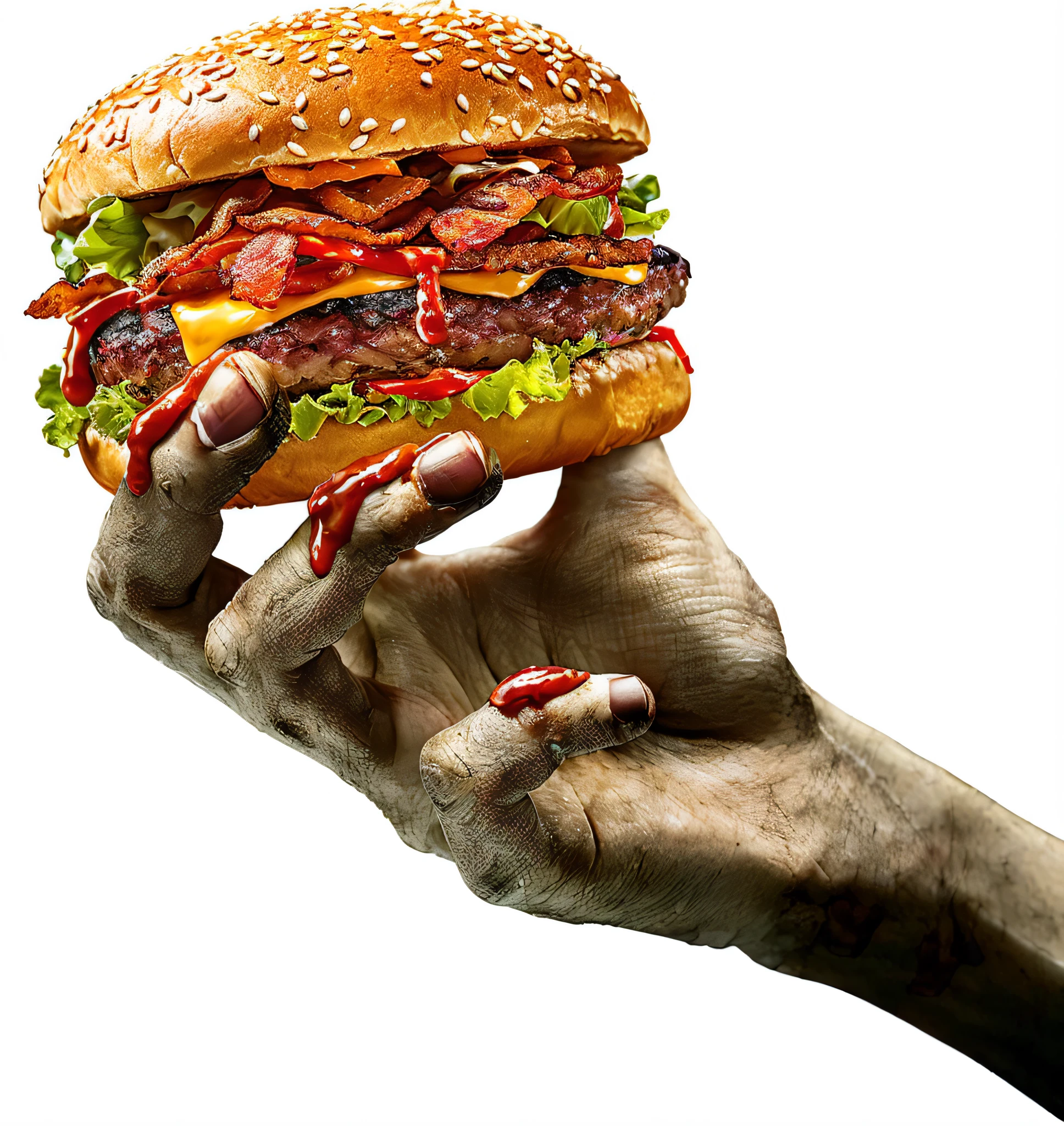 (a realistic,photorealistic:1.37)zombie hand holding a delicious hamburger,decayed flesh gripping,bloody fingers,rotting nails,gruesome details,horrifyingly realistic,bloody splatters,juicy beef patty,melted cheese,crispy bacon,fresh lettuce and tomatoes,deliciously toasted bun,intricate sesame seeds,appetizing condiments,oozing with flavor,meaty and succulent,high resolution image,enhanced textures,rich colors and contrast,macabre and grotesque,dark and eerie atmosphere,dramatic lighting,haunting shadows,horror genre styling