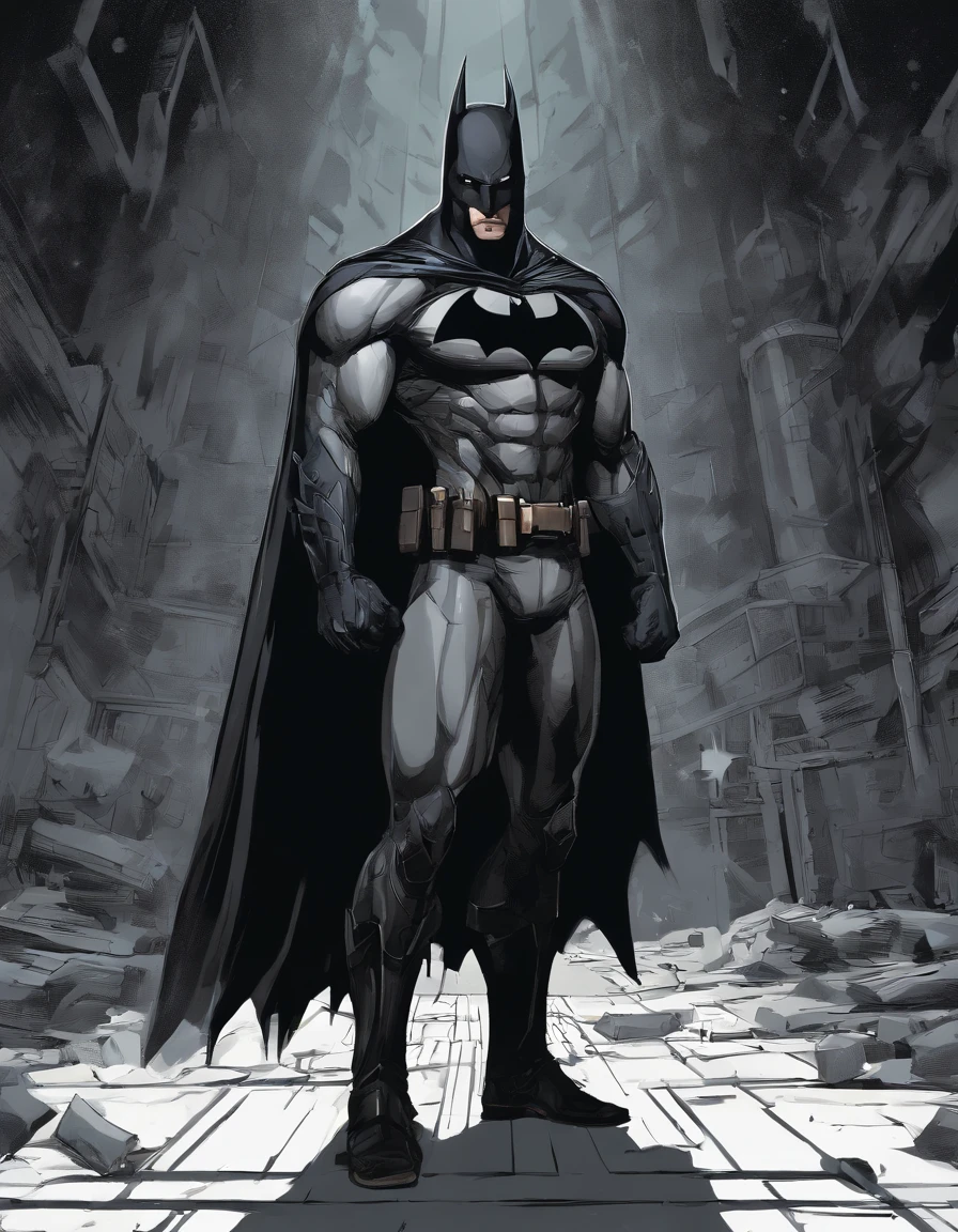 face focus shot, 1 man, solo, Ben Affleck as Batman, tall, hunk, muscular, bulk, wide shoulder, photorealism, smirking face, crossed arms, (leaning onto a wall), dark dirty grey suit, dark grey arms, ((no mask)), mask off, black hair, black gloves, best quality, masterpiece, high resolution:1.2, black cape, high detailed mask, high detailed suit, high detailed face, award winning, night time, a dark cave in the background, indoors