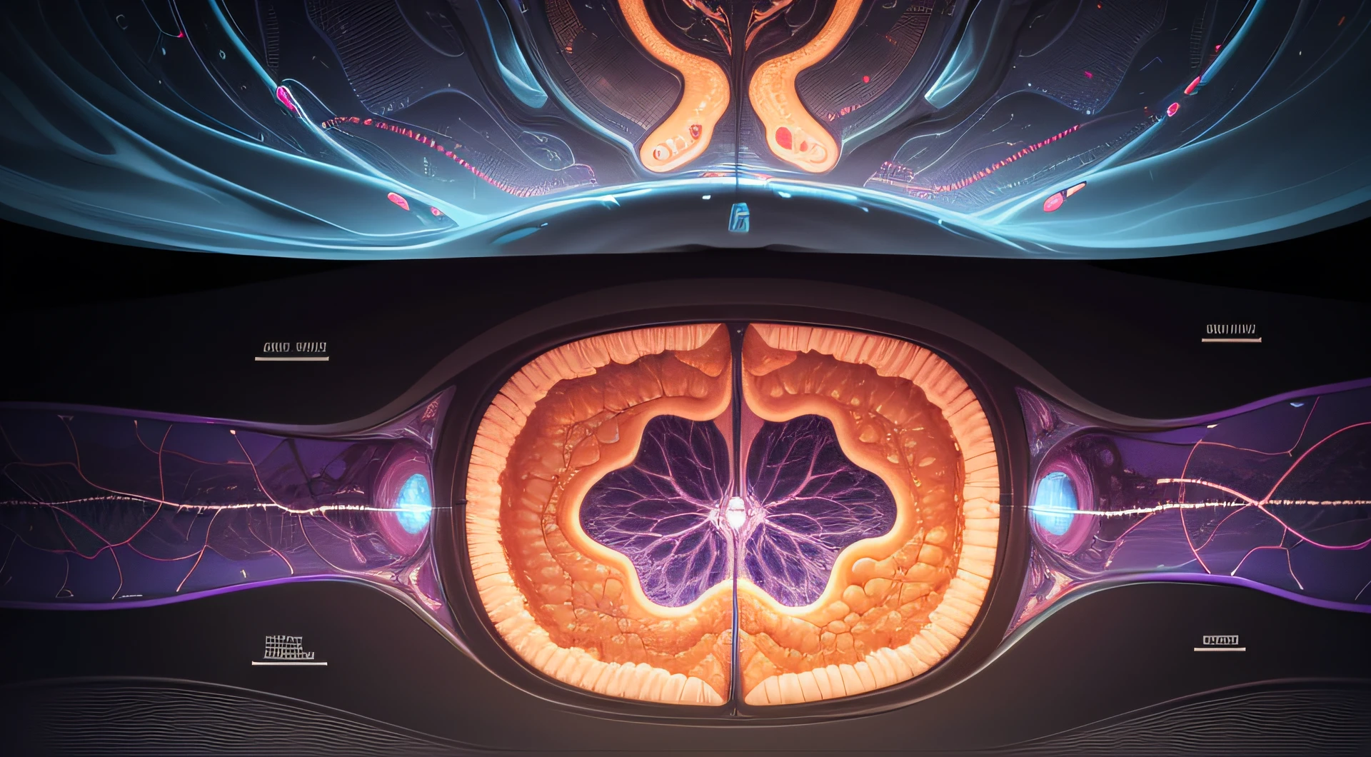 the interior of the body in a very large zoom, you can see the cells, the pituitary gland secretes endorphins, amino acids, neurons produce neurotransmitter substances