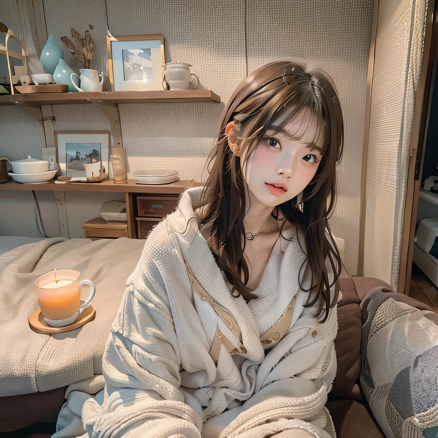 of the highest quality、8K、Photorealsitic:1.4、Raw photography、超A high resolution:1.4、Top image quality: 1.4、absurderes, master piece, Ultra-detailed、A hyper-realistic,1girl in 、Solo、japanaese girl、(((Sareme)))、perfect anatomia、Correct fingers、in night、Sitting alone on the sofa in the living room、Sleepily elbowing in towel material border pajamas and sipping tea、Looking at Viewer、Half-up hair、head shot、Bulb light from above、
