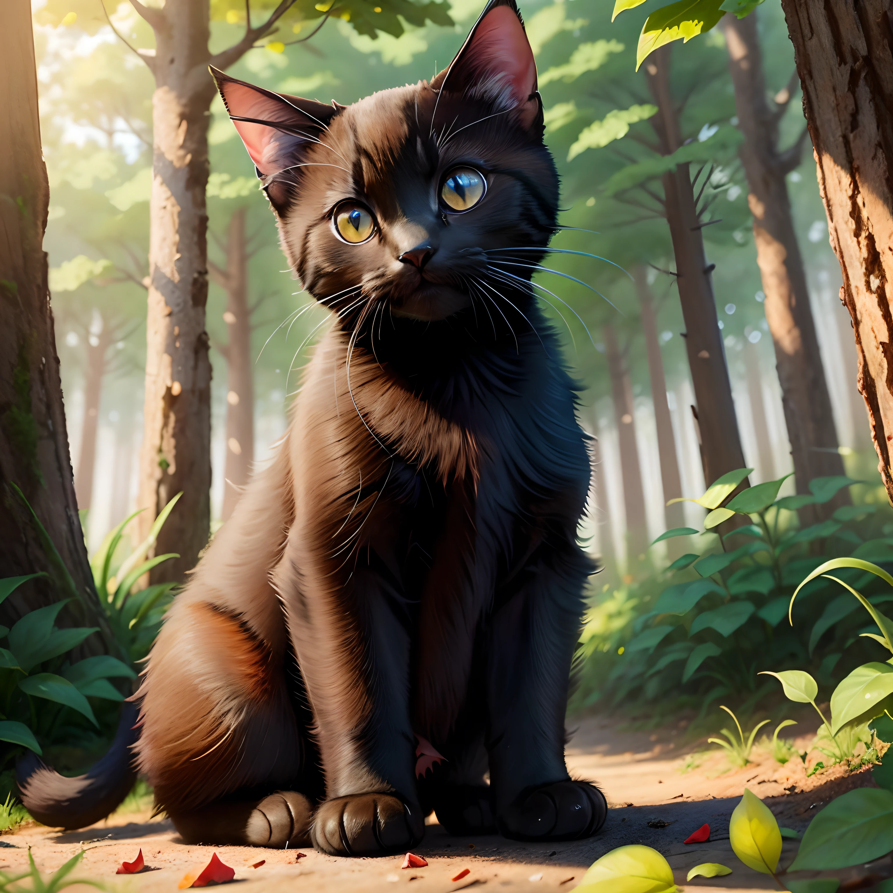 Es gibt eine Katze, die auf einem Felsen neben einem Baum steht, niedliche schwarze Katze, Tolle schwarze Katze, An adorable black kitten, Cute black kitten, detailliert, eine niedliche schwarze Katze, Foto der niedlichen schwarzen Katze, detailgetreu, The cutest black kitten ever, Neugieriger Gesichtsausdruck, niedliche schwarze Katze, beautiful, Verschmitzter Blick, schwarze Katze im Wald, Cute and adorable, Pretty animal, Ansicht weiter entfernt, viele Details, fotorealistisch, highest  quality