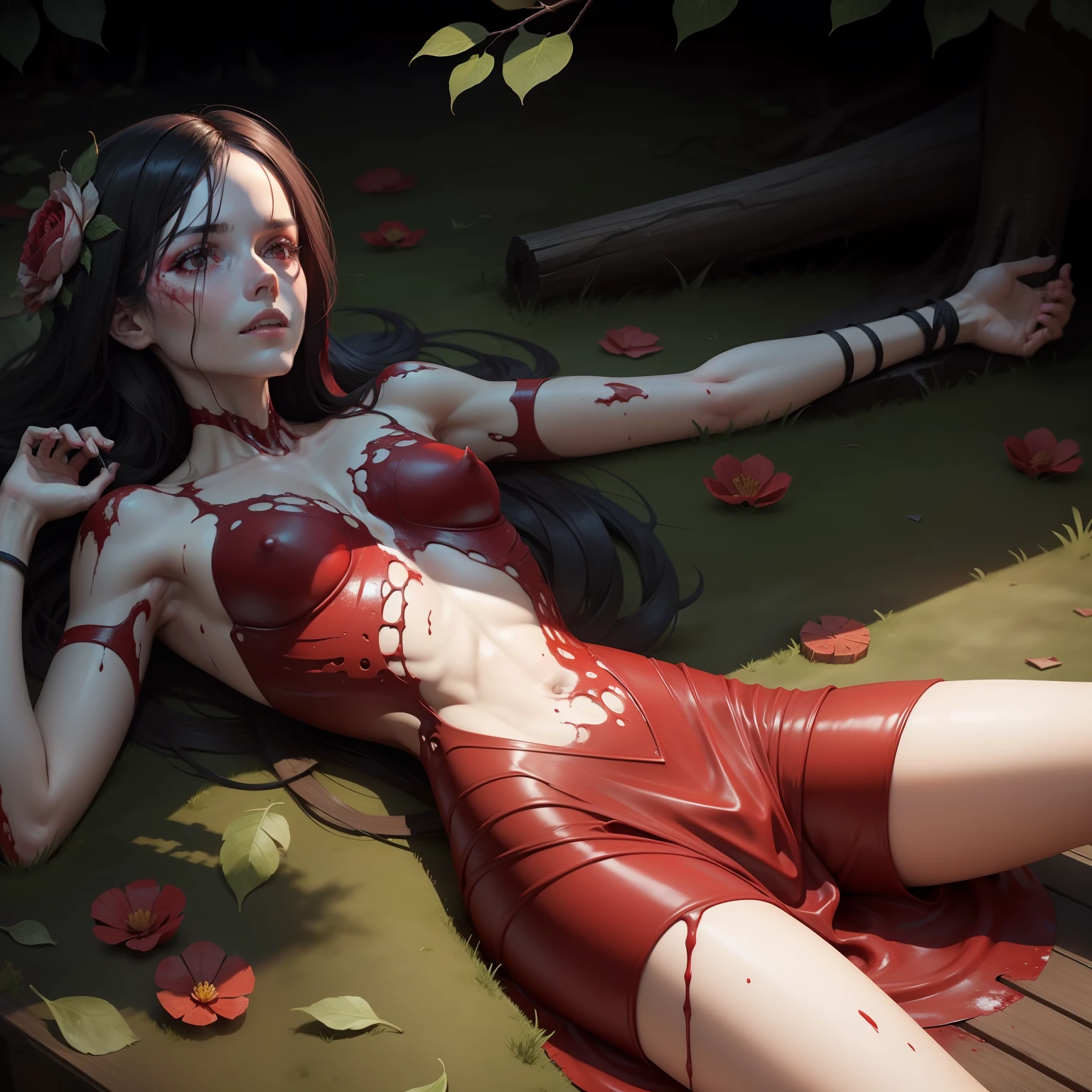 Corpse surrounded by red blood. Realistic blood around the corpse. Corpse fallen on wooden steps. anatomia perfeita.