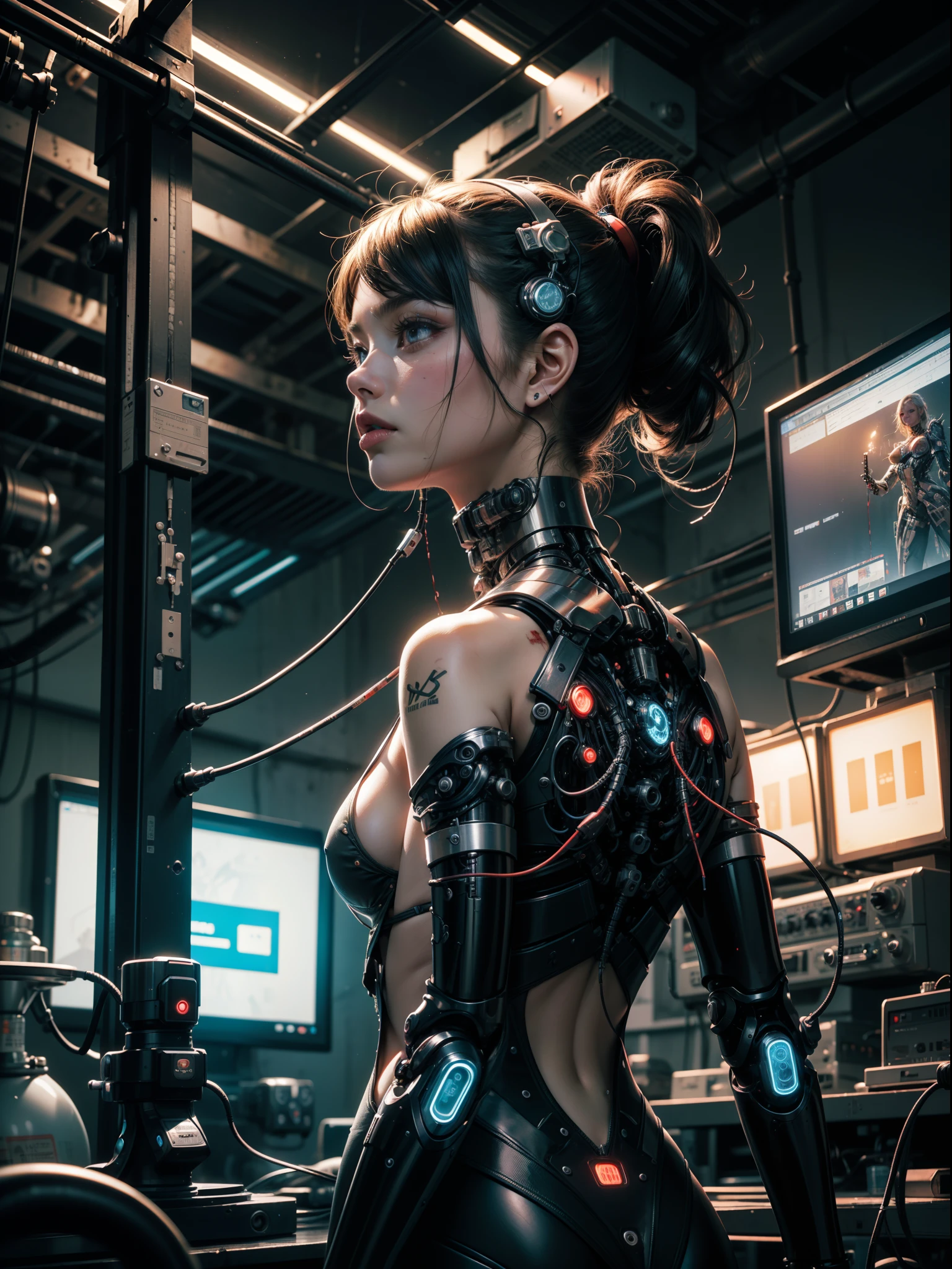 ((1 cybernetic girl)) (mechanical made limbs s:1.2),((mechanical limbs)),(blood vessels connected to tubes),(mechanical vertebra attaching to back),((mechanical cervical attaching to neck)),expressionless,(wires and cables attaching to neck:1.2),(wires and cables on head:1.2),(character focus), (((masterpiece))), (((best quality))), ((ultra-detailed)), (highly detailed CG illustration), ((an extremely delicate and beautiful)),cinematic ,science fiction,extreme detailed,colorful,highest detailed, loongs,fengs, cyberpunk city background.