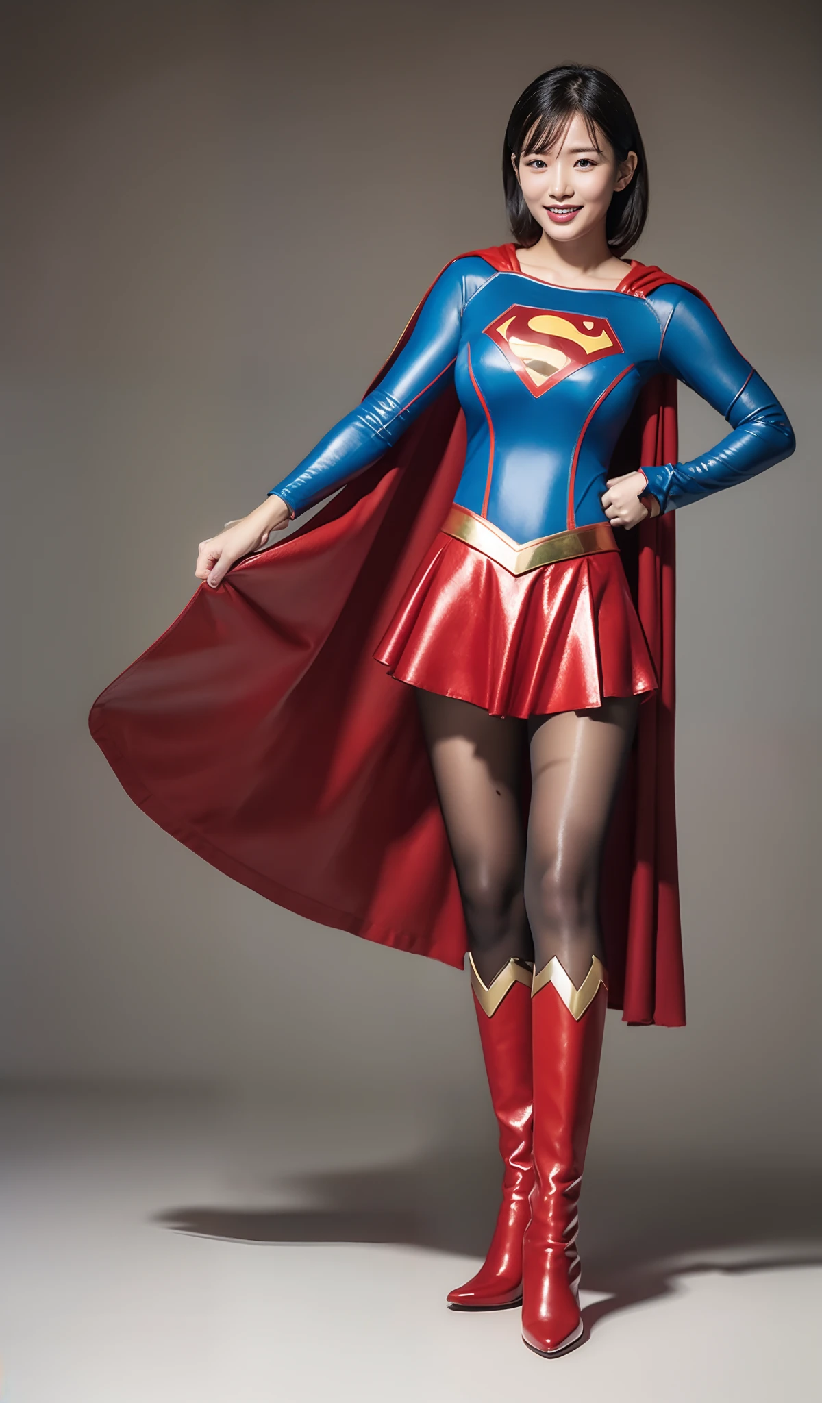Be sure to wear black tights、(((Make the most of the original image)))、(((Supergirl Costume)))、(((shiny short hair)))、(((Suffering)))、(((Feet must necessarily be worn with black tights)))、(((Smile)))、(((You need to wear red boots)))、((Top image quality、8K))、((top-quality、8K、​masterpiece:1.3))、(((Keep your background simple)))、Crisp focus:1.2、Beautiful woman with perfect body shape:1.4、Slender Abs:1.2、((layers-Cut、large boob:1.2))、a wet body:1.5、Highly detailed facial and skin texture、
