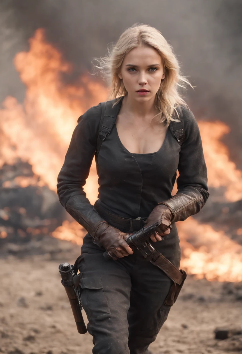 (masterpiece:1.5), (bestquality), (highlydetailed), (ultra-detailed), (1girl:1.2), (full body:1.2), (young girl), (blonde hair), (weapon in hand), (war battle scene), (bloody atmosphere), (smoke), (fire), (corpses), (chaotic background), (explosions), (torn clothing), (determined expression), (sweat and dirt), (injured), (dynamic pose), (broken armor), (burnt landscape), (fighting stance), (smoldering debris), (flames:1.3), (battle cries), (sounds of war:1.1)