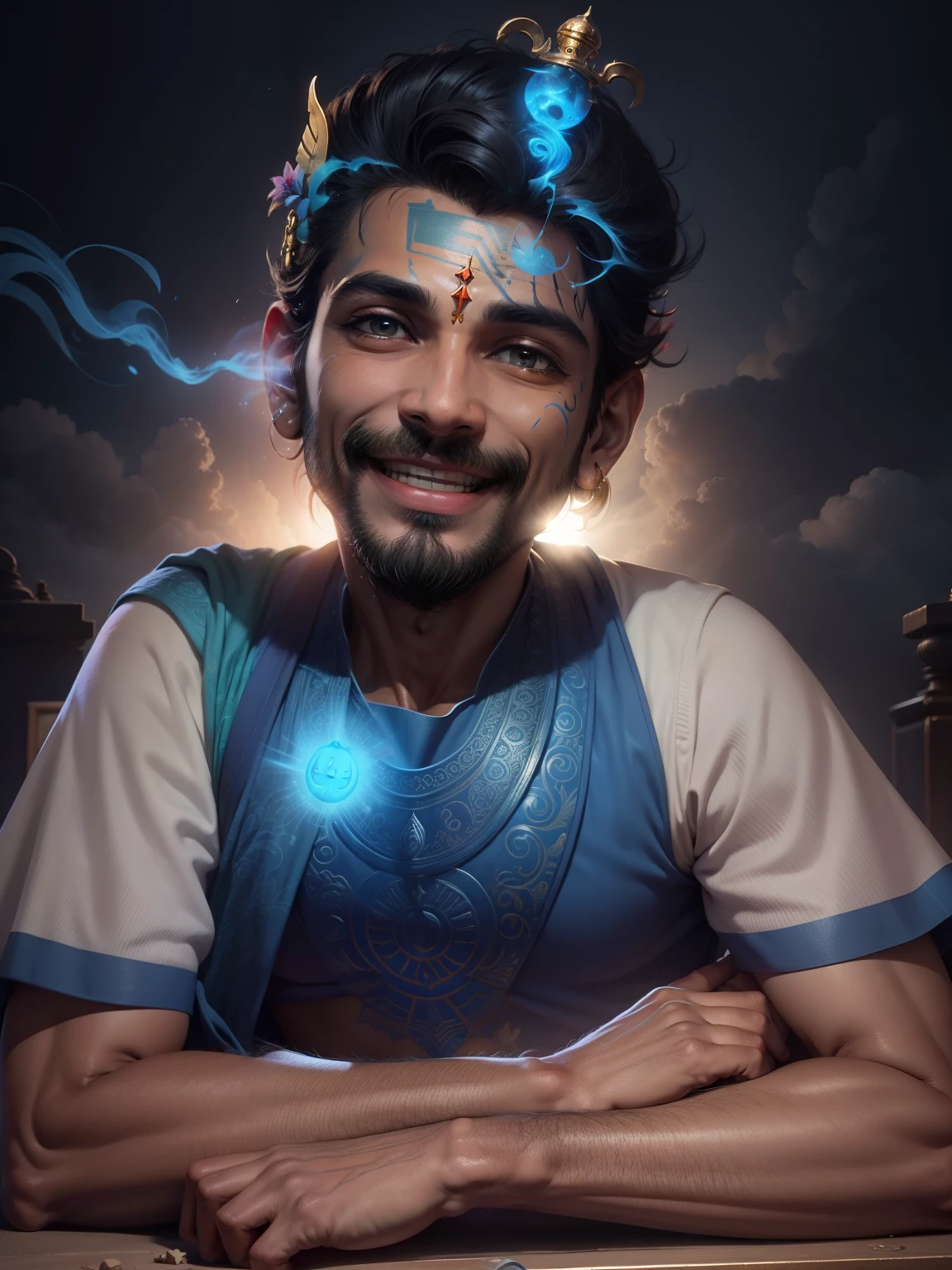 Change background to heaven sky, lord vishnu tilak on forehead, face and body of lord vishnu, smiling face, realistic, 4k,