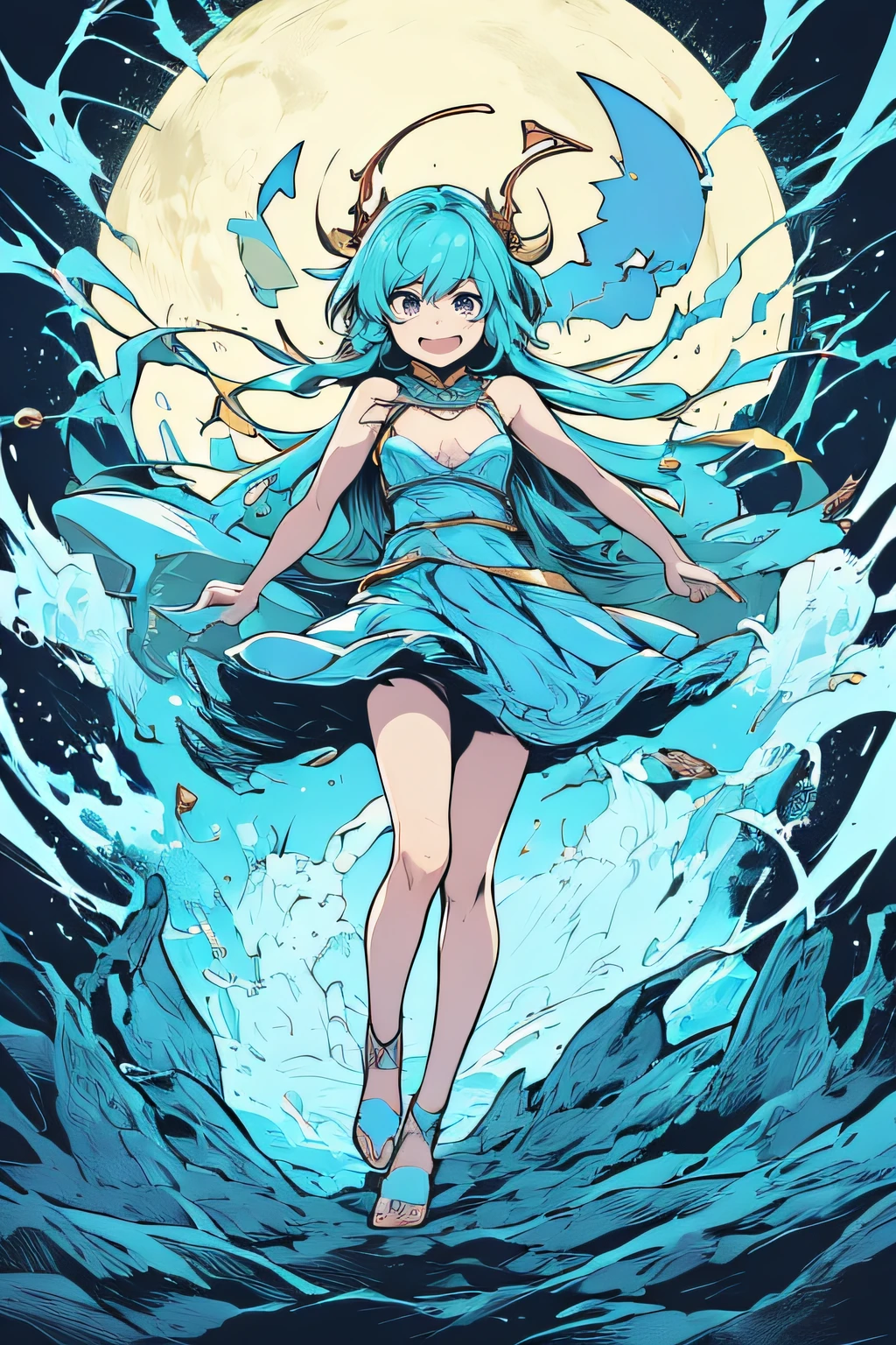 Slave girl crying in hell、Light blue costume、Light blue and green flame
