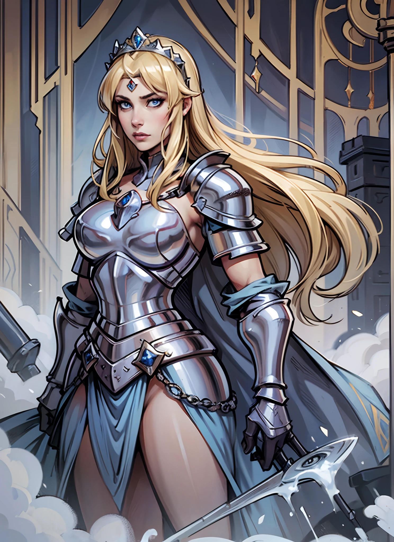 masterpiece, best quality, 1girl, knight, full armor, long hair, blonde hair, blue eyes, nose, lips, helm, glowing eyes, smile, clenched teeth, head tilt, breastless armor, breasts out, nipples, close-up, holy temple, fantastical painting