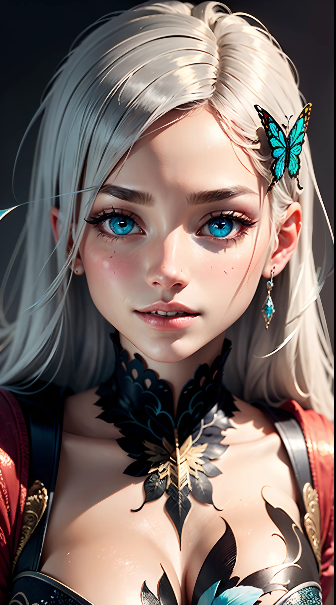 16k high quality wallpapers,Surrealist broken glass photo(Detailed eyes,Long eyelashes,Bright and colorful iris,Expressive eyebrows,Blend eyeshadow perfectly,Eyes sparkle,Reflective eyeballs,Heterochromia),(Silver-blue long-haired girl , A lot of hair 1。3 Delicate hair 1。2),(Long transparent dress,floral patterns:1.4,),(Gorgeous and delicate glowing little butterfly hair ornament,brilliant colorful,Fine engraving,Shine brightly,The attention to detail,The jewelry is of high quality,Extremely high image quality)White Skin Skin,Seductive smile emoji,Close-up shot