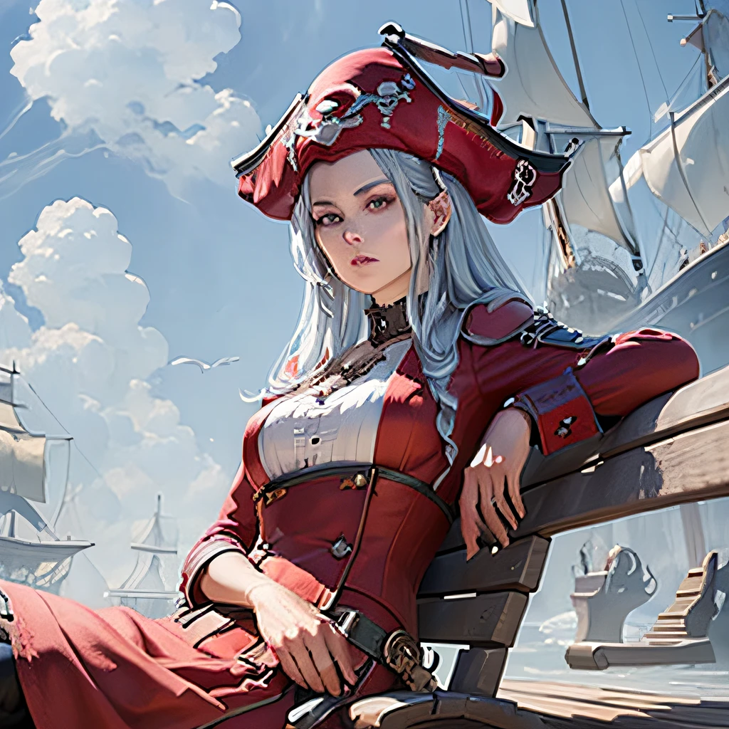 Woman in (red pirate hat:1.2) He sits on a bench and looks sadly at the blue sky