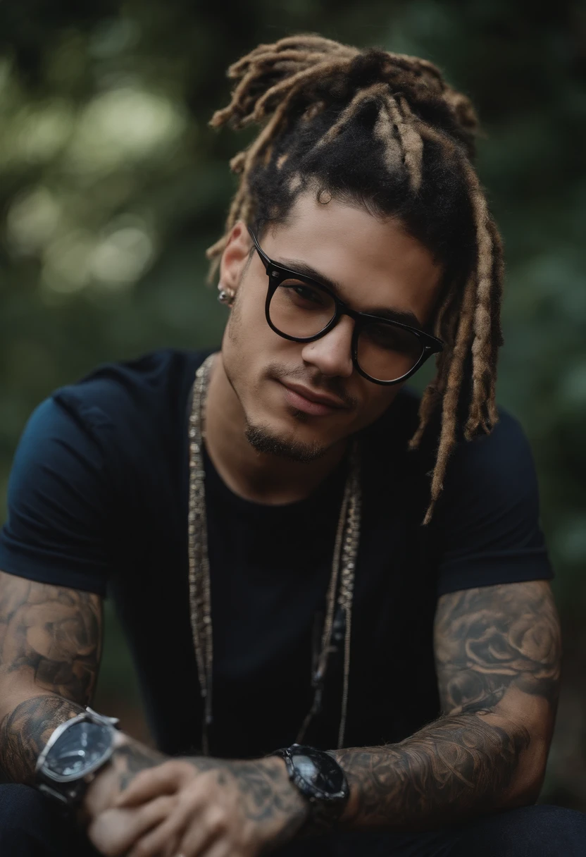 crie um jovem com cerca de 20 anos, black and with dreads on his head, with a prescription glasses, uma jaqueta jeans e uma camisa do metallica