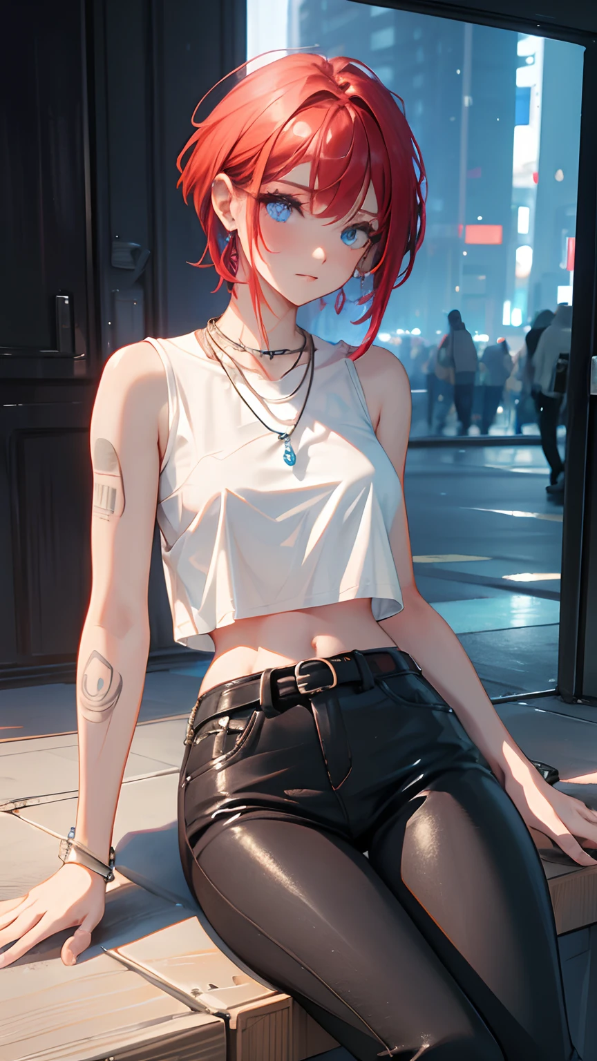 (masterpiece), best quality, a girl sitting close to a window, emo, emo girl,sadgirl, red hair,cute, tatto, close up,short hair, blue eyes, black clothes, sensual, (glowing eyes), asthetic,style, stylish, piercing, happy,naughty, mischevious, smug, superior, earings, wallpaper, 4k, wall, cool, badass, cropped shirt, defined abdomen, sexy, belt, black pant, cozy, BREAK she is using a sleeveless shirt, she is wearing a cropped white shirt, she is wearing a necklace, she has tatto in the arm, she has tatto in the abdomen, she is wearing a black pant