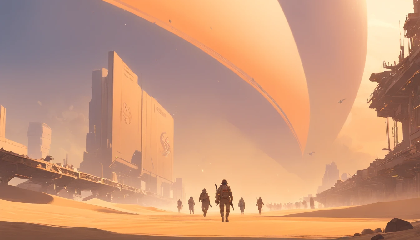 Dune concept art,Clean and neat tones,Sci-fi base scene,Huge scene,Square-shaped complex,Soviet aesthetic architecture,huge buildings,There are many ships in the air,Size contrast,crowd of,Soldiers versus soldiers,Big scenes of war,smog,epic concept art,Fine 8K,vray,Wasteland Science Fiction