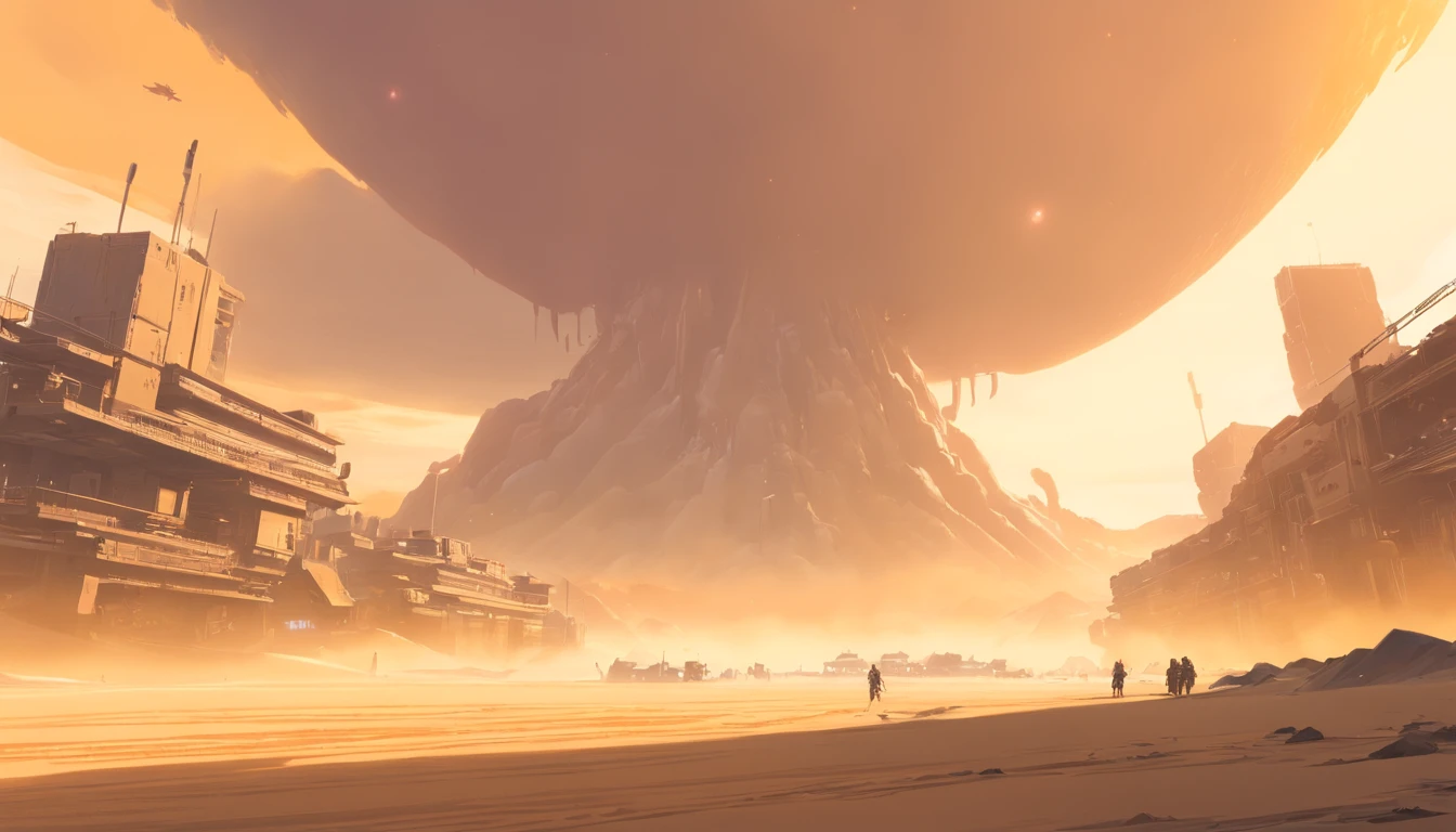 Dune concept art,Clean and neat tones,Sci-fi base scene,Huge scene,Square-shaped complex,Soviet aesthetic architecture,huge buildings,There are many ships in the air,Size contrast,crowd of,Soldiers versus soldiers,Big scenes of war,smog,epic concept art,Fine 8K,vray,Wasteland Science Fiction
