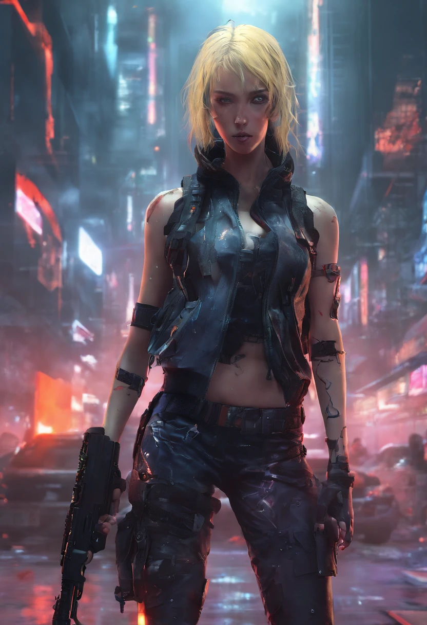 (masterpiece:1.5), (bestquality), (highlydetailed), (ultra-detailed), (1girl:1.2), (full body:1.2), (young girl), (blonde hair), (weapon in hand), (war battle scene), (bloody atmosphere), (smoke), (fire), (corpses), (chaotic background), (explosions), (torn clothing), (determined expression), (sweat and dirt), (injured), (dynamic pose), (broken armor), (burnt landscape), (fighting stance), (smoldering debris), (flames:1.3), (battle cries), (sounds of war:1.1)