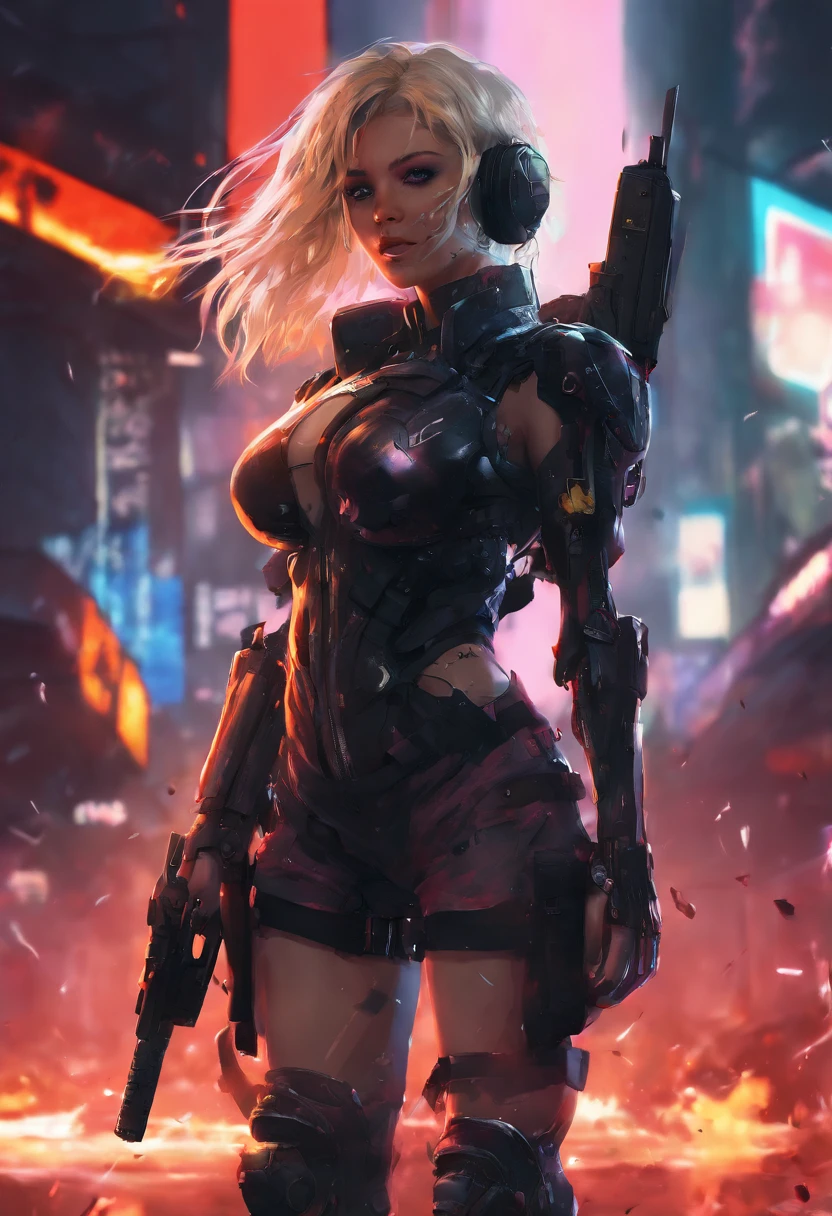 (masterpiece:1.5), (bestquality), (highlydetailed), (ultra-detailed), (1girl:1.2), (full body:1.2), (young girl), (blonde hair), (weapon in hand), (war battle scene), (bloody atmosphere), (smoke), (fire), (corpses), (chaotic background), (explosions), (torn clothing), (determined expression), (sweat and dirt), (injured), (dynamic pose), (broken armor), (burnt landscape), (fighting stance), (smoldering debris), (flames:1.3), (battle cries), (sounds of war:1.1)