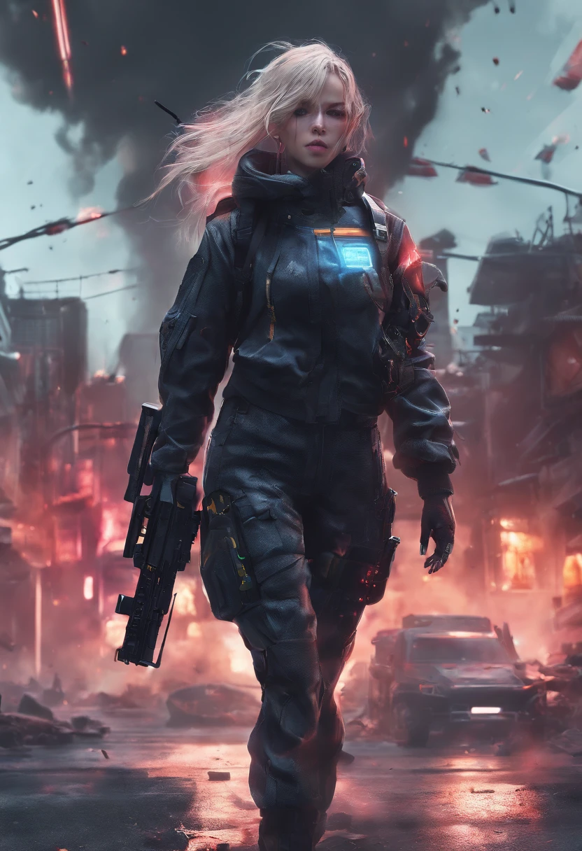 (masterpiece:1.5), (bestquality), (highlydetailed), (ultra-detailed), (1girl:1.2), (full body:1.2), (young girl), (blonde hair), (weapon in hand), (war battle scene), (bloody atmosphere), (smoke), (fire), (corpses), (chaotic background), (explosions), (torn clothing), (determined expression), (sweat and dirt), (injured), (dynamic pose), (broken armor), (burnt landscape), (fighting stance), (smoldering debris), (flames:1.3), (battle cries), (sounds of war:1.1)