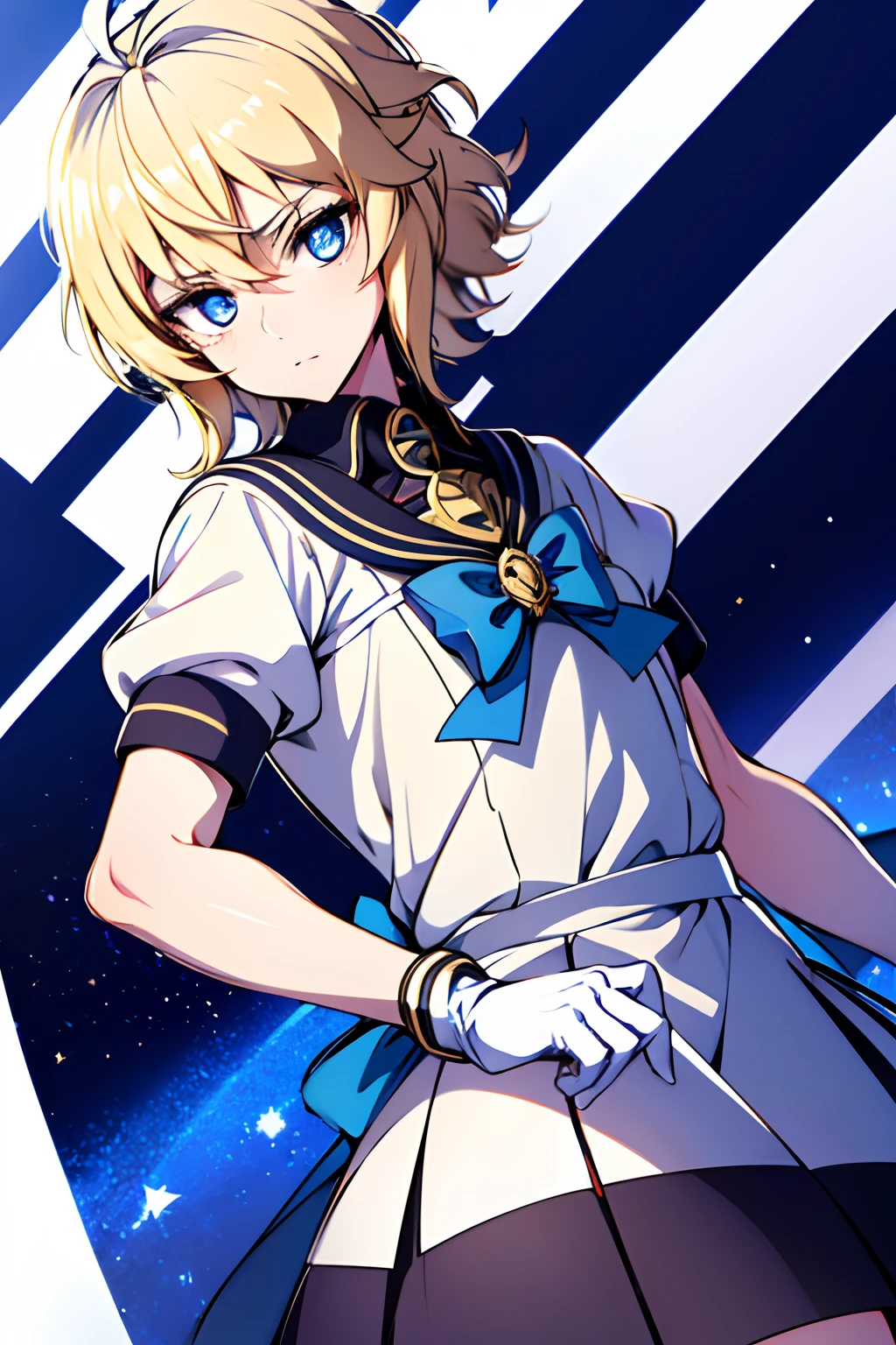 "(Best Quality,4k,8K,hight resolution,Masterpiece:1.2),(Masterpiece), Best Quality, expressive eyes, a perfect face, male, 1boy,solo, sailor moon dress, blue skirt, blue tiara with a red heart in the middle, blusher, seifuku with short sleeves and blue stripes, white long gloves, pose, Michaela, Mikaela Hyakuya, Michaela's outfit, blonde, blue eyes, Short hair, blusher