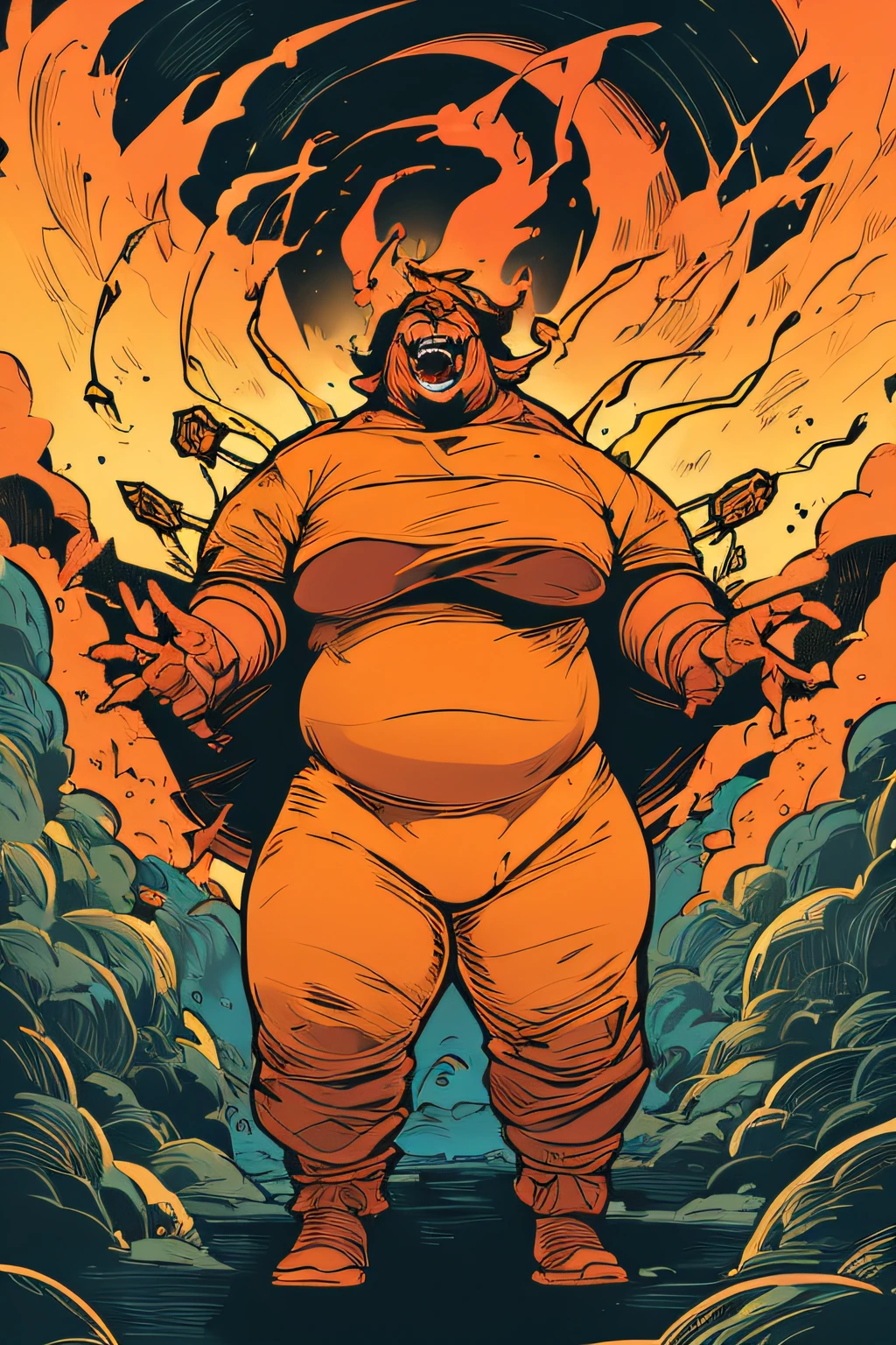 Depiction of a plump giant of hell laughing with open arms wide、Yellow costume、Orange Flame