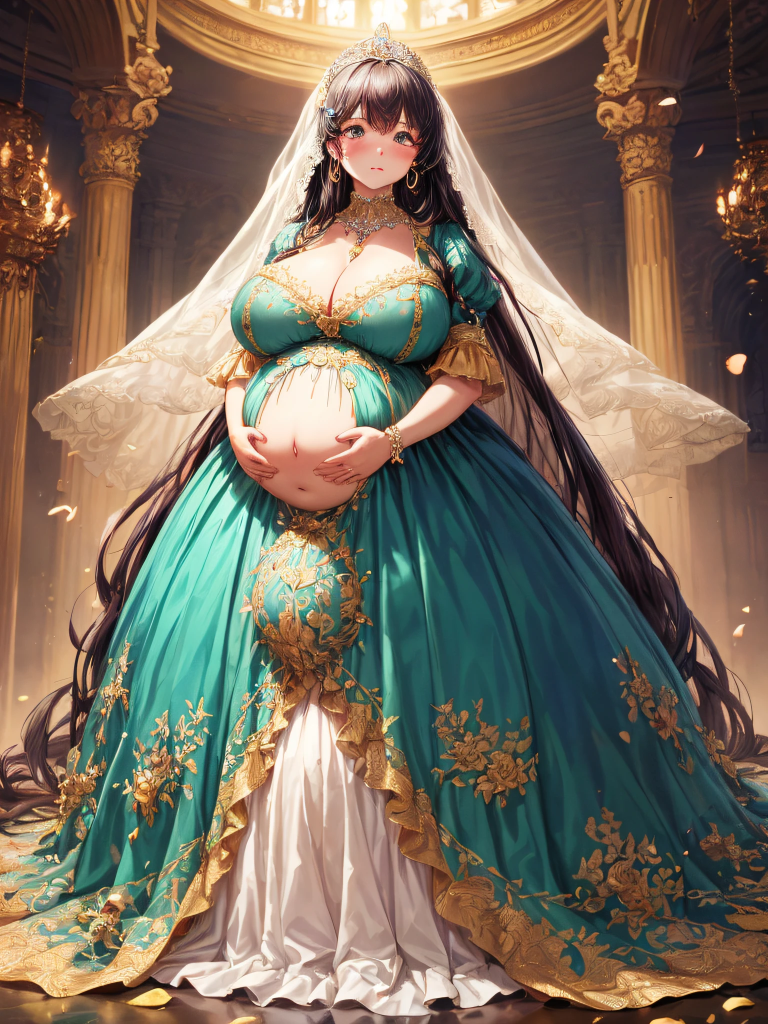 (masterpiece, best quality,extremely detailed:1.1),(moe anime art style:1.2),1girl,((full body,focus face)),((solo)), cute, kawaii,digital art,((1 bling-bling pregnant princess wearing beautiful embroidery and jeweled gorgeous rococo ballgown with jeweled voluminous full length hoop skirt)),(((heavily pregnant))),very big pregnant belly,((crinoline)),long train,voluminous frills,See-through,(gorgeous embroidery and beautiful lace),((very gigantic boobs,skindentation)),cleavage,shiny hair,(((very long straight hair,large amount of straight hair))),((embarrassed)),anguish,((finely detailed face and eyes)),clear pupil,extremely gorgeousfull hair ornament,(bling-bling jeweled extremely gorgeousfull tiara),(bling-bling gorgeous gemstone jewelry),long veil,beautiful background,fantasy background,flowers,flower petals flowing,full body,((beautiful embroidery and jeweled ruffled gorgeous rococo ballgown with voluminous full length hoop skirt))