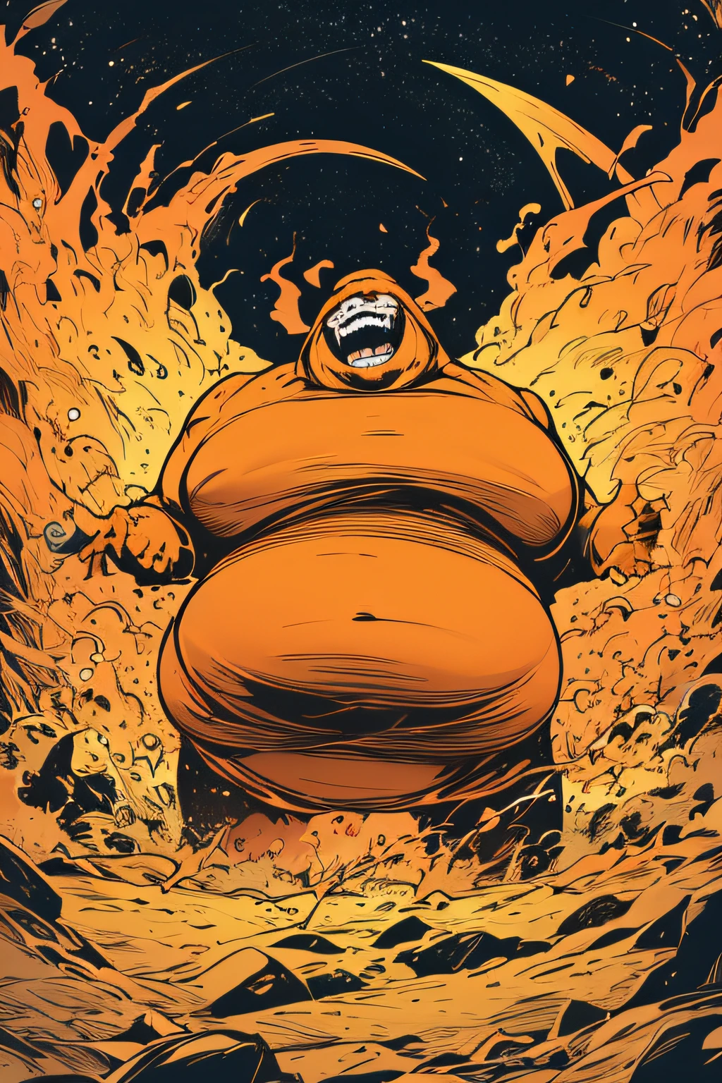 Depiction of a plump giant of hell laughing with open arms wide、Yellow costume、Orange Flame