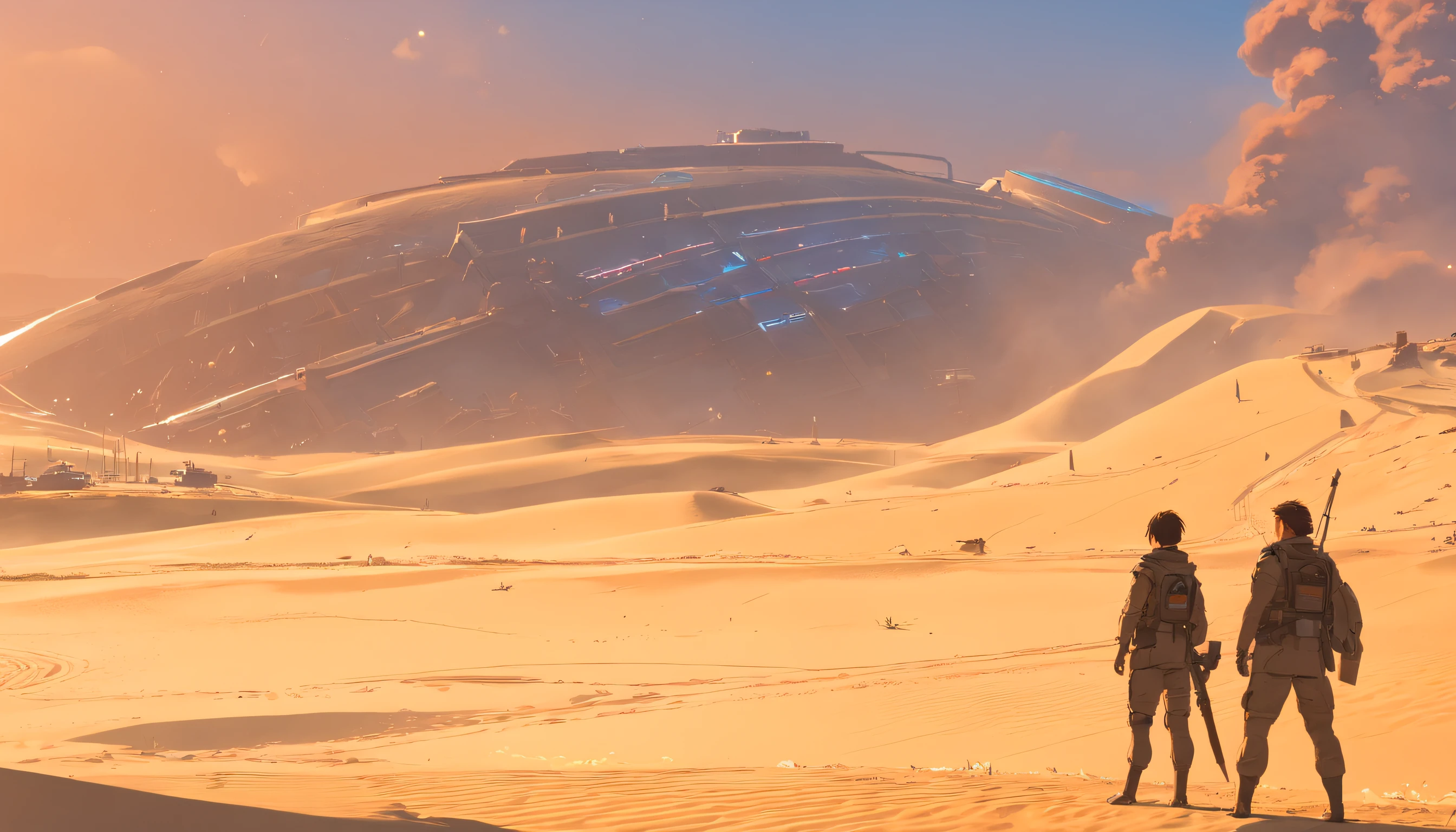 Dune concept art,Clean and neat tones,Sci-fi base scene,Huge scene,Square-shaped complex,Soviet aesthetic architecture,huge buildings,There are many ships in the air,Size contrast,crowd of,Soldiers versus soldiers,Big scenes of war,smog,epic concept art,Fine 8K,vray,Wasteland Science Fiction