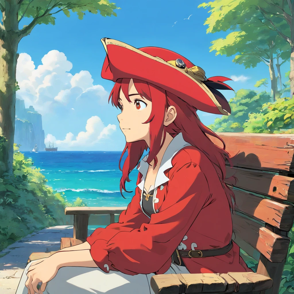 Woman in (red pirate hat:1.2) He sits on a bench and looks at the blue sky