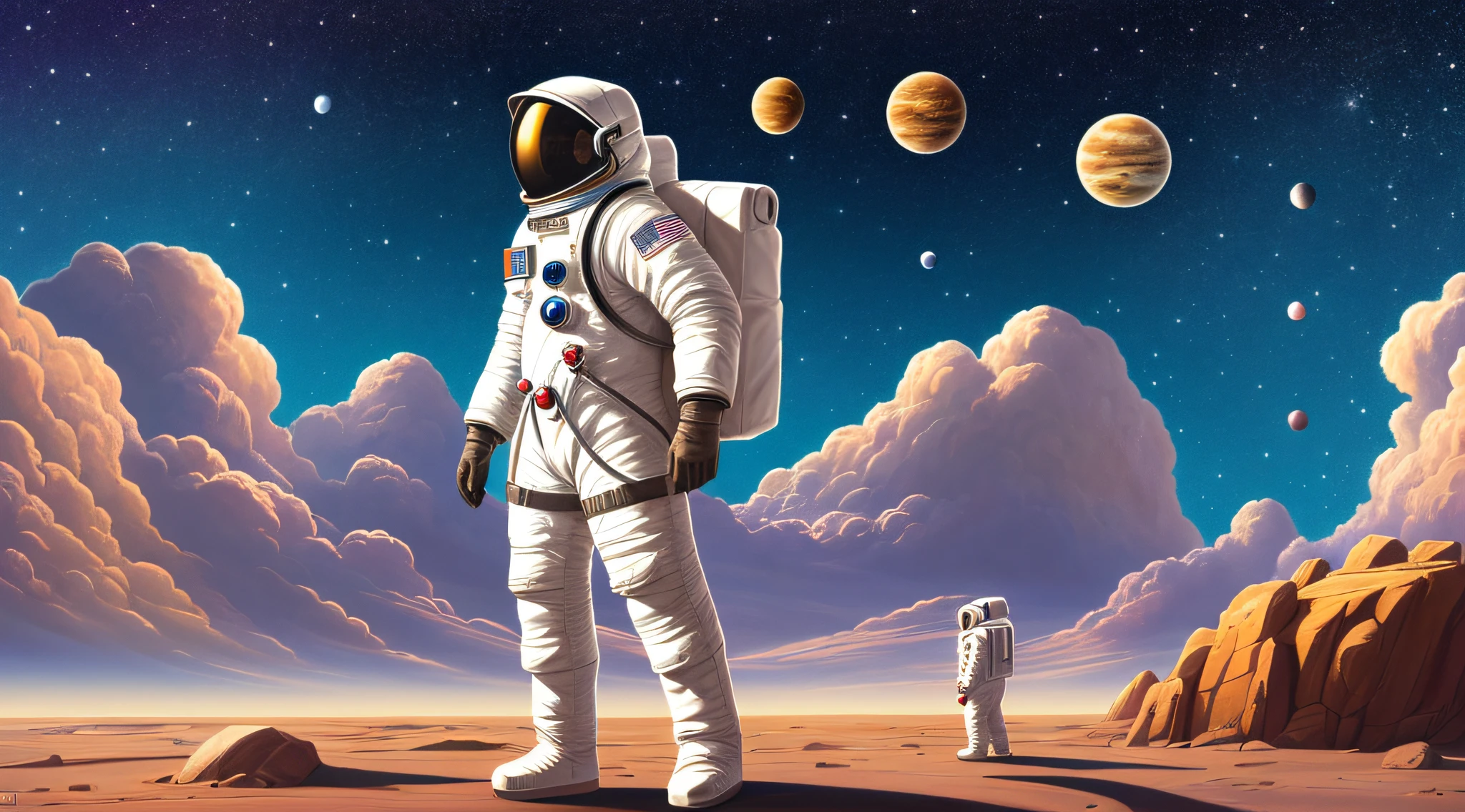 an Astronaut is standing on a rock looking at planets, sci-fi digital art, sci-fi digital art illustration, people art, sci - fi illustrations, sci-fi illustrations, sci-fi art, science fiction art, realism | people, epic surrealism 8k oil painting, people and tim hildebrandt, sci-fi art