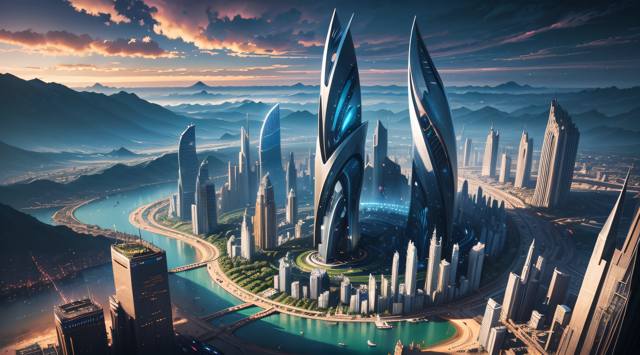 futuristic city, fantasy, 24th century, England