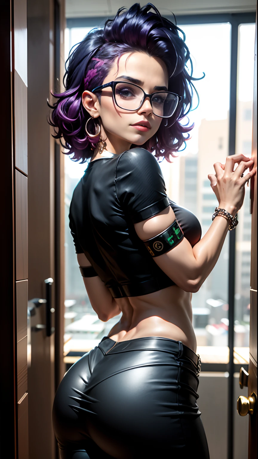 (melhor qualidade, 8k, 32k, master part, UHD:1.2), from behind, 1 que caminha, office lady, eyeglass, (sorrir:0.5), (Looking at the Viewer), pouco gordinho, terno cinza, mini saia cinza, office room, mesa, (seios pequenos, Glutes:1.2), rosto bonito detalhado, de baixo,