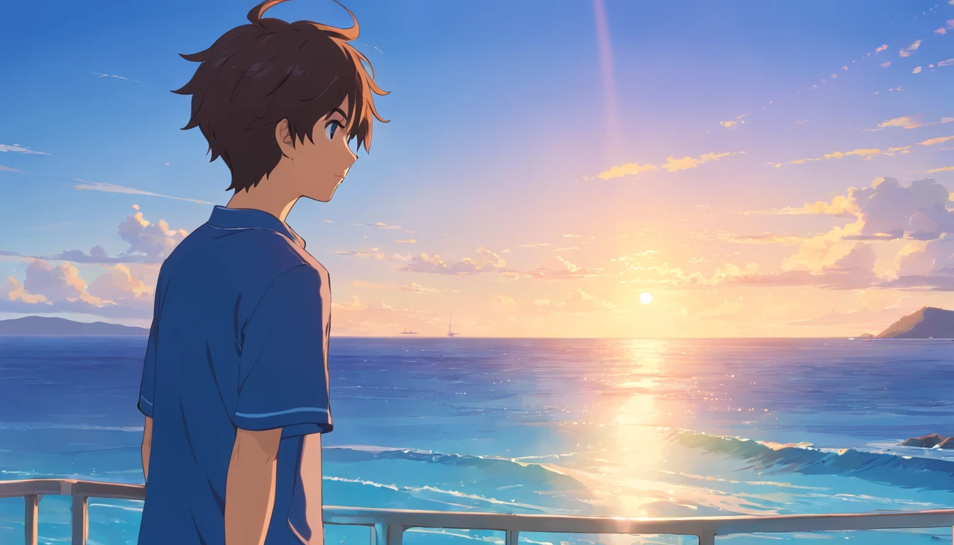 16-year-old boy looking at the ocean, Traje de gato, Enfoque nitido, Expresion calmada, Ojos detallados, swimming suit, Playa desierta a la orilla del mar.