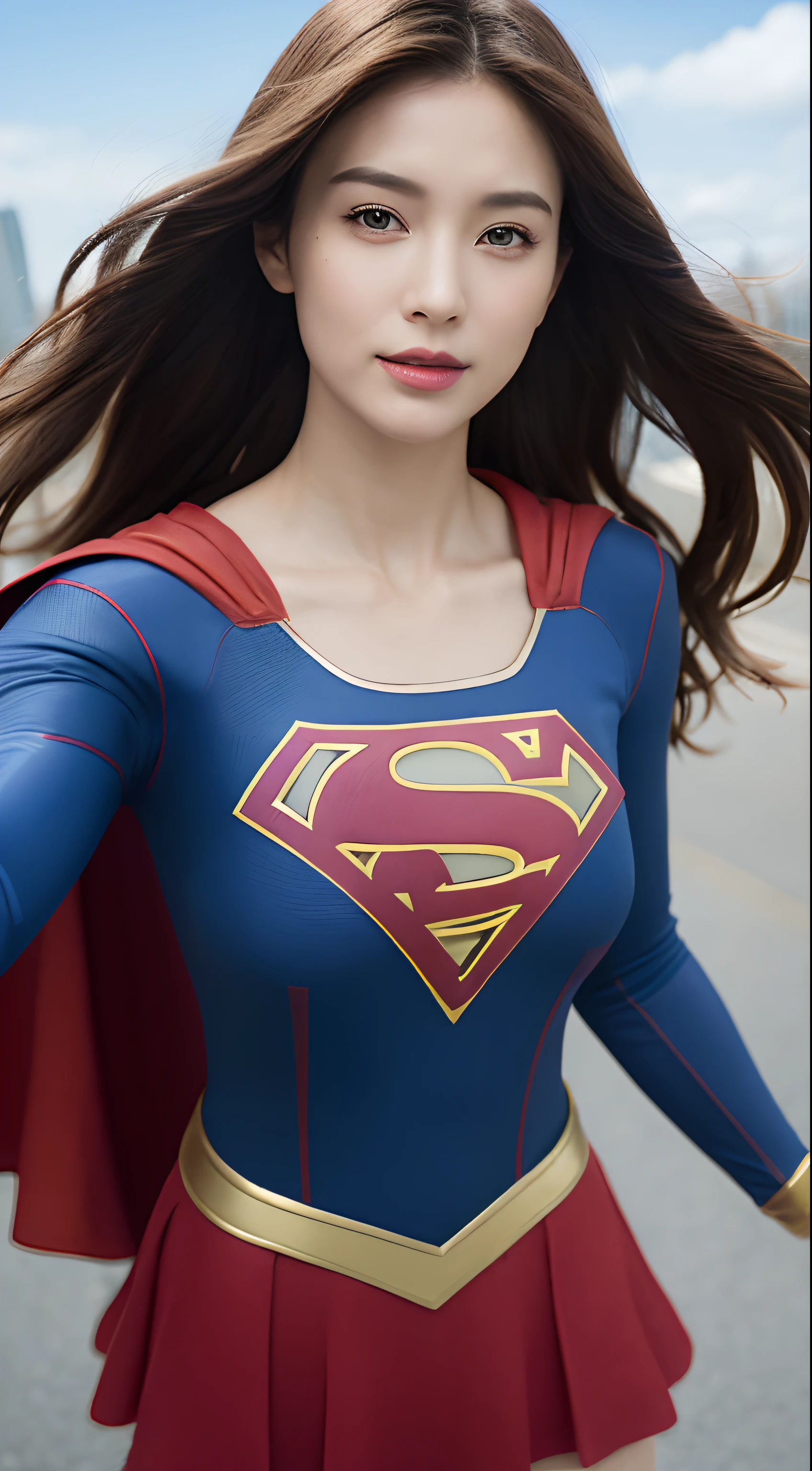 （((Supergirl Costume))）、(during daytime、excellent、8K、​masterpiece:1.3)), full body Esbian, Long feet, Focal length: 1.2, Perfect Body Beauty: 1.4, Slim abs: 1.1, ((dark brown hair, Colossal tits: 1.2 )),  ((city, Blue sky, white clouds: 1.3)), Detailed face and skin texture, Detail Eye, 二重まぶた, Flying Longhair