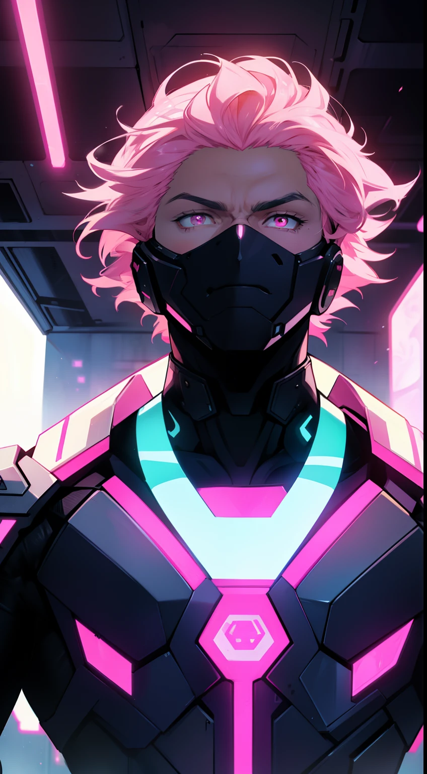 Latino man, glowing pink eyes, powerful,  pale pink hair, male, anime style, 4k image, looking up, epic, cinematic, ground level shot, hot, wearing futuristic mask,  tech futuristic throne room background , wearing shiny glowing academia outfit, insanely detailed, cool details