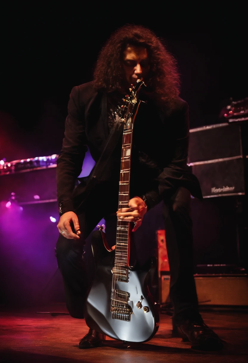 Realista, 4k, Kinematic, un Guitarrista legendario con manos bien definidas, ropa negra, An exceptional electric guitar, en la imagen de fondo un concierto de rock (caos), Obra maestra