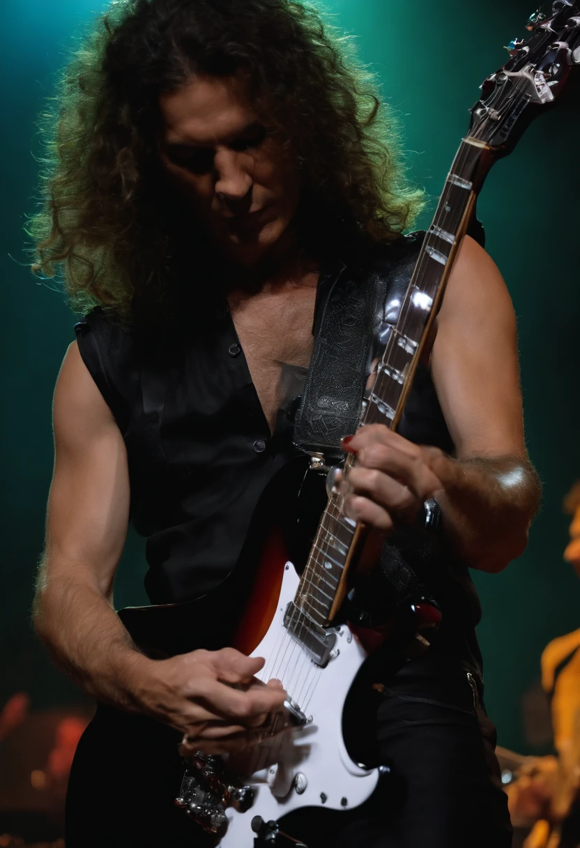 Realista, 4k, Kinematic, un Guitarrista legendario con manos bien definidas, ropa negra, An exceptional electric guitar, en la imagen de fondo un concierto de rock (caos), Obra maestra