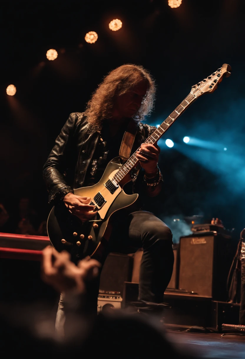 Realista, 4k, Kinematic, un Guitarrista legendario con manos bien definidas, ropa negra, An exceptional electric guitar, en la imagen de fondo un concierto de rock (caos), Obra maestra