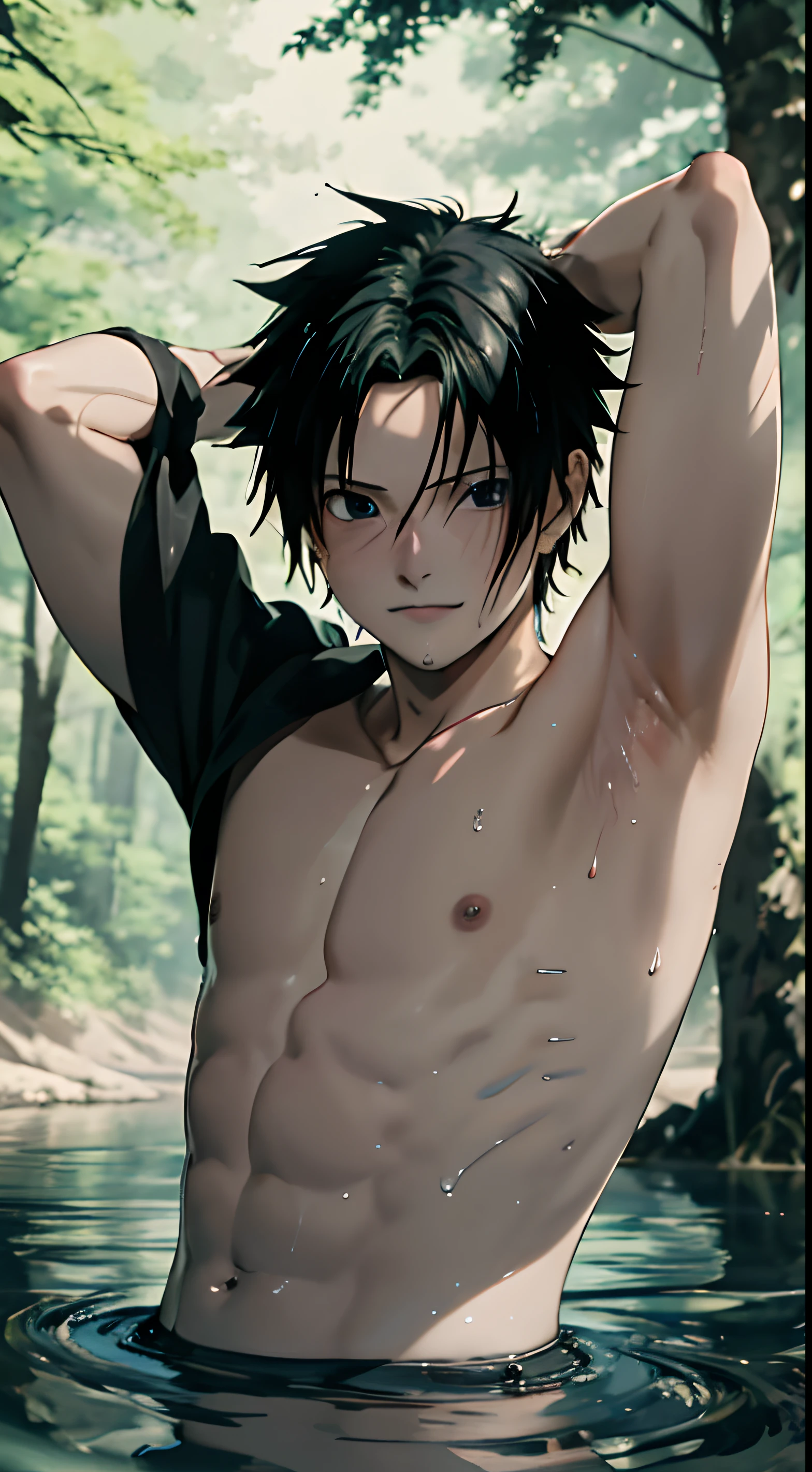 Masterpiece， Best quality at best， 1boy，boy, sasuke， little breast，armpit, (showing armpit:1.3), shirtless, upperbody，full of sweat,  is shy，smile，light blue eyes, Black hair，(Wet: 1.4), naked, Cowboy shot, Looking up, Looking at the viewer, from above, from the front, water, playing in the river, river, forest, sunlight, summer